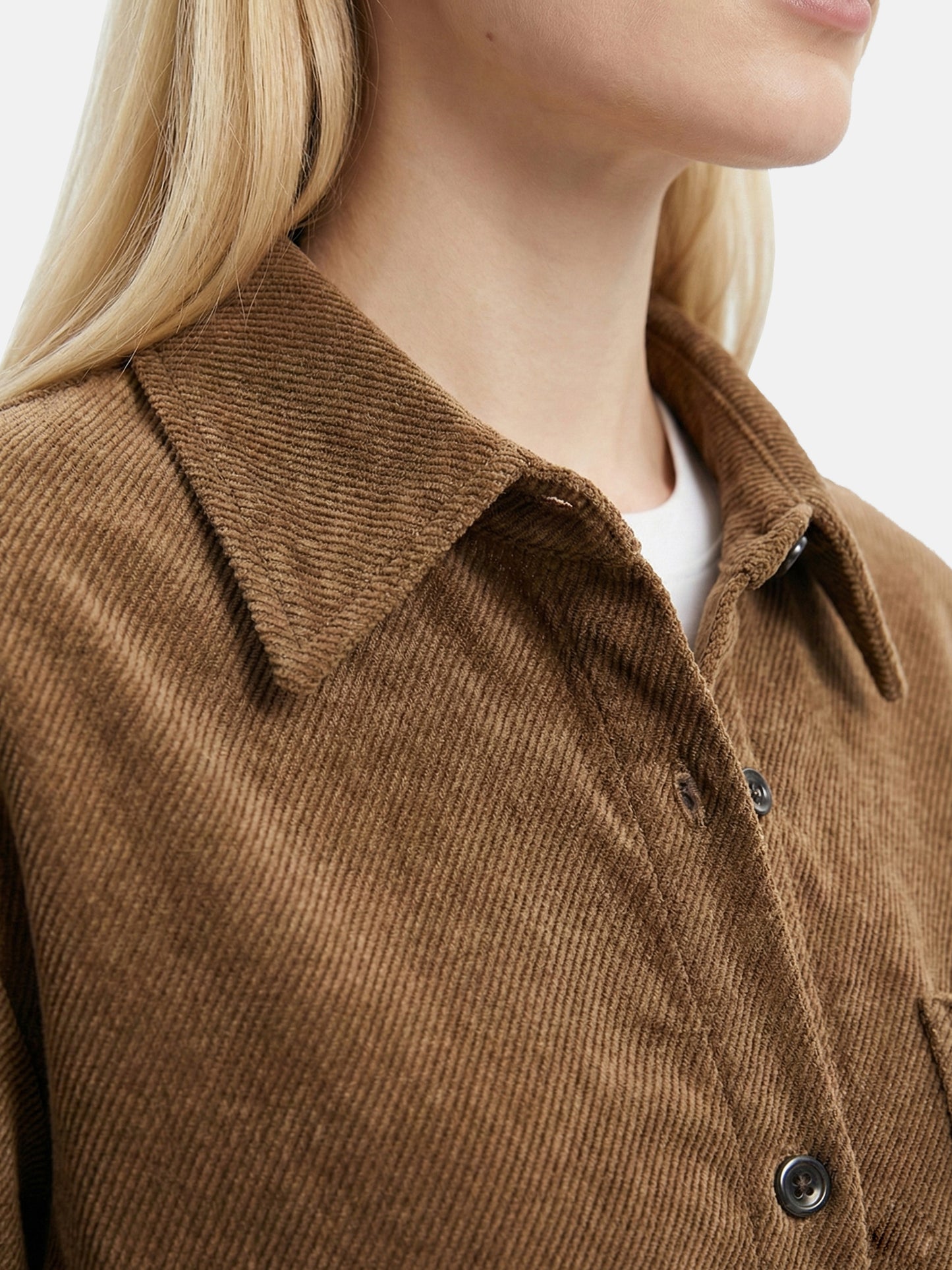 SELVANE khaki textured button-down shirt, tailored with a straight drape and subtle dimensional weave, featuring mother-of-pearl buttons.