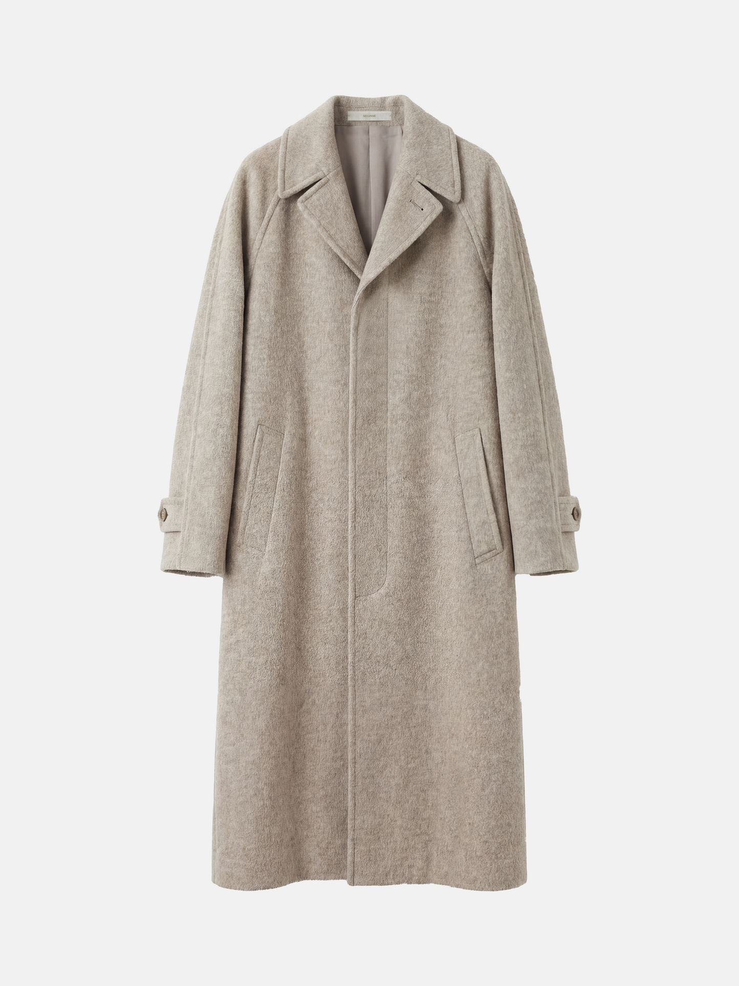 SELVANE Camel Wool-Alpaca Raglan Coat, knee-length, straight silhouette, sharp collar, rich camel color.
