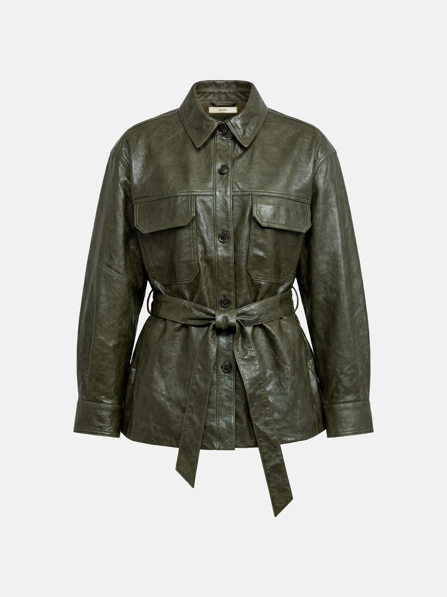 SELVANE Olive Lambskin Belted Shirt Jacket — view 8, showcasing material texture and silhouette detail
