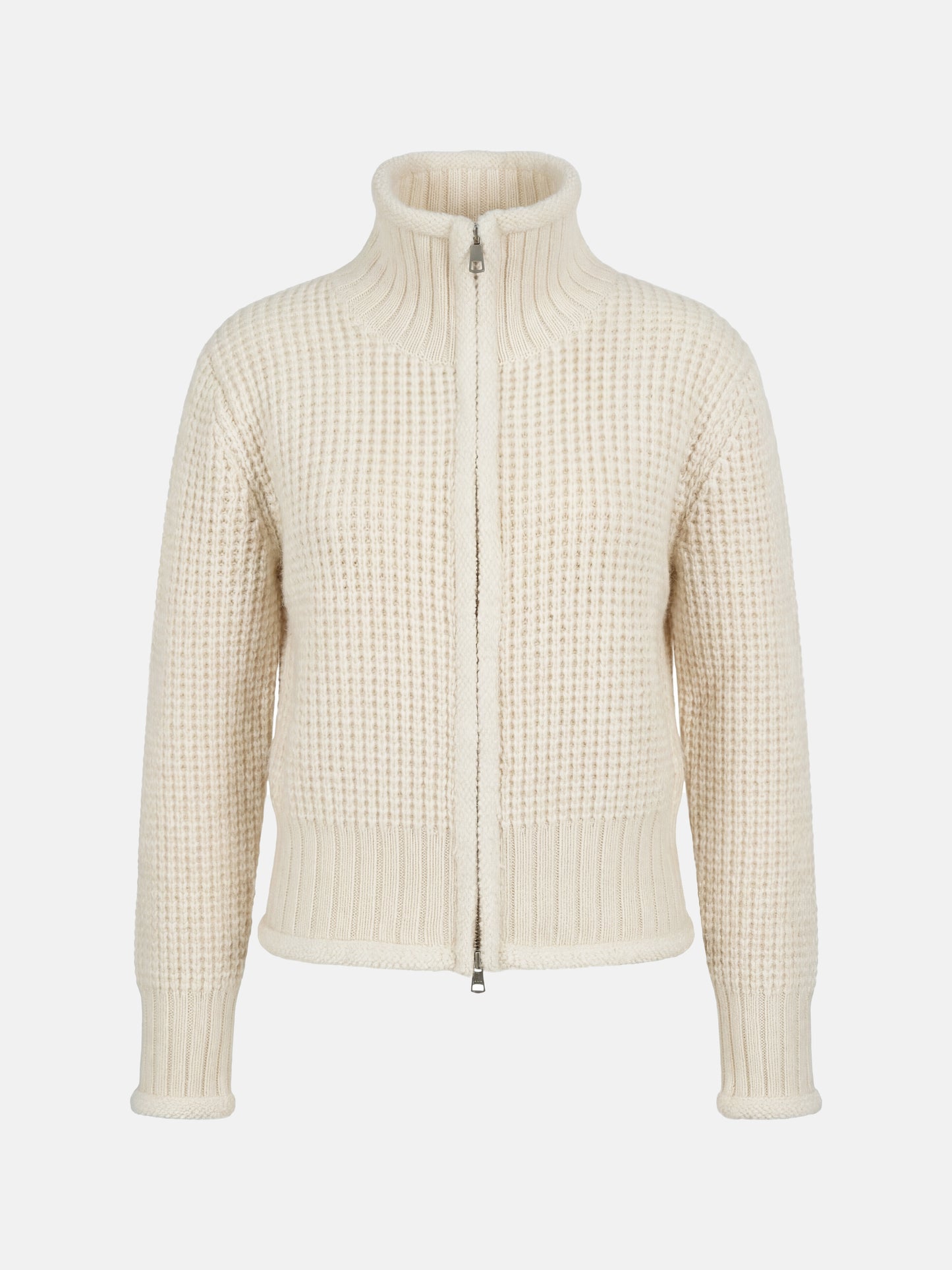 SELVANE Cashmere Waffle Zip Cardigan in a refined waffle knit, featuring a stand collar and full-zip closure.