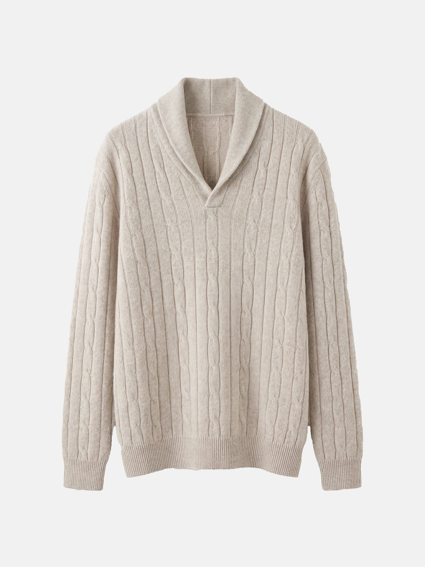 SELVANE Cable-Knit Shawl-Collar Cashmere Sweater in a rich, natural hue, showcasing its vertical rib-and-cable texture and relaxed fit.