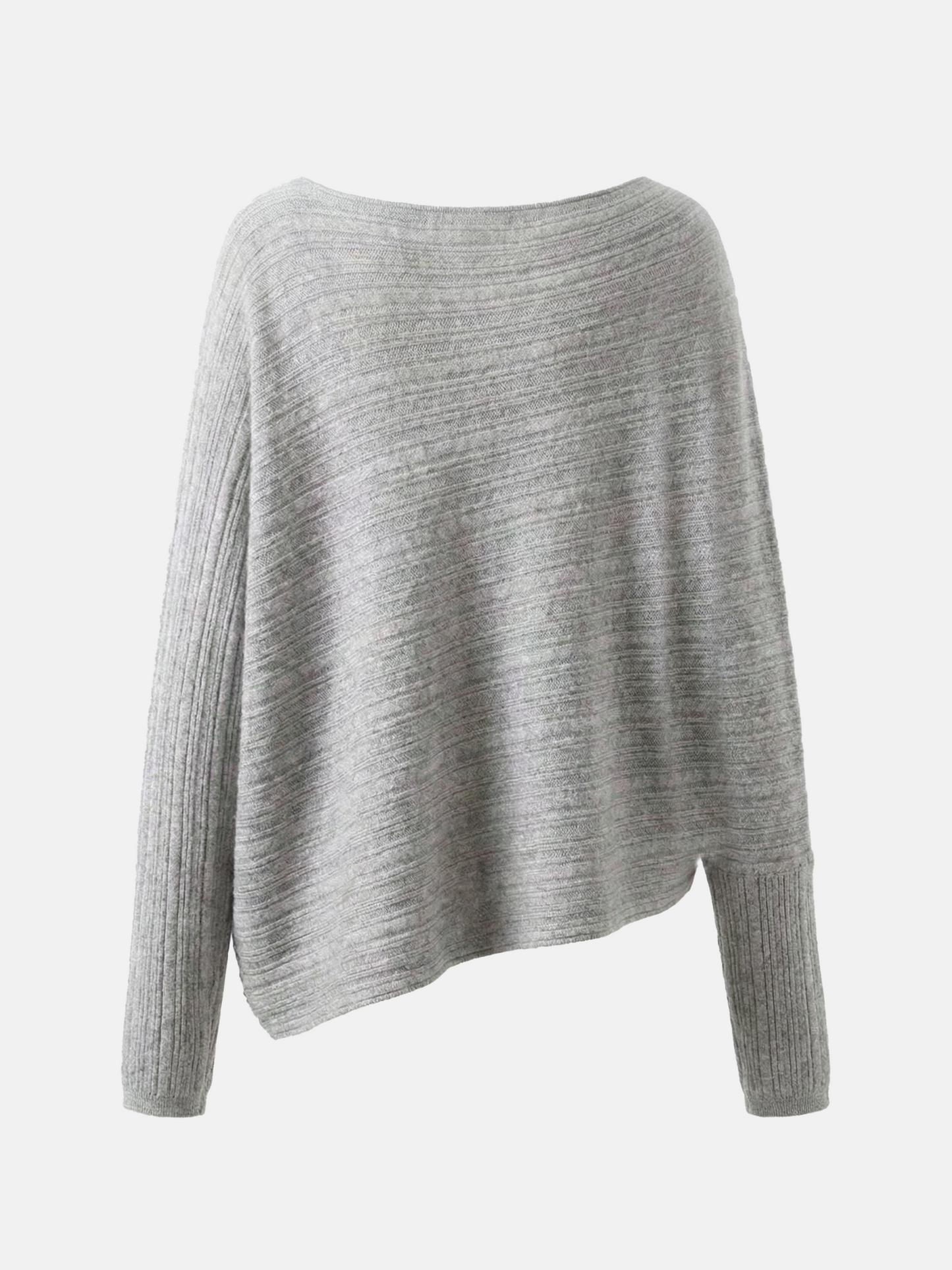 Cashmere draped knit top in grey with wide boat neckline and asymmetric hem, showcasing fluid motion and refined rib sleeves.