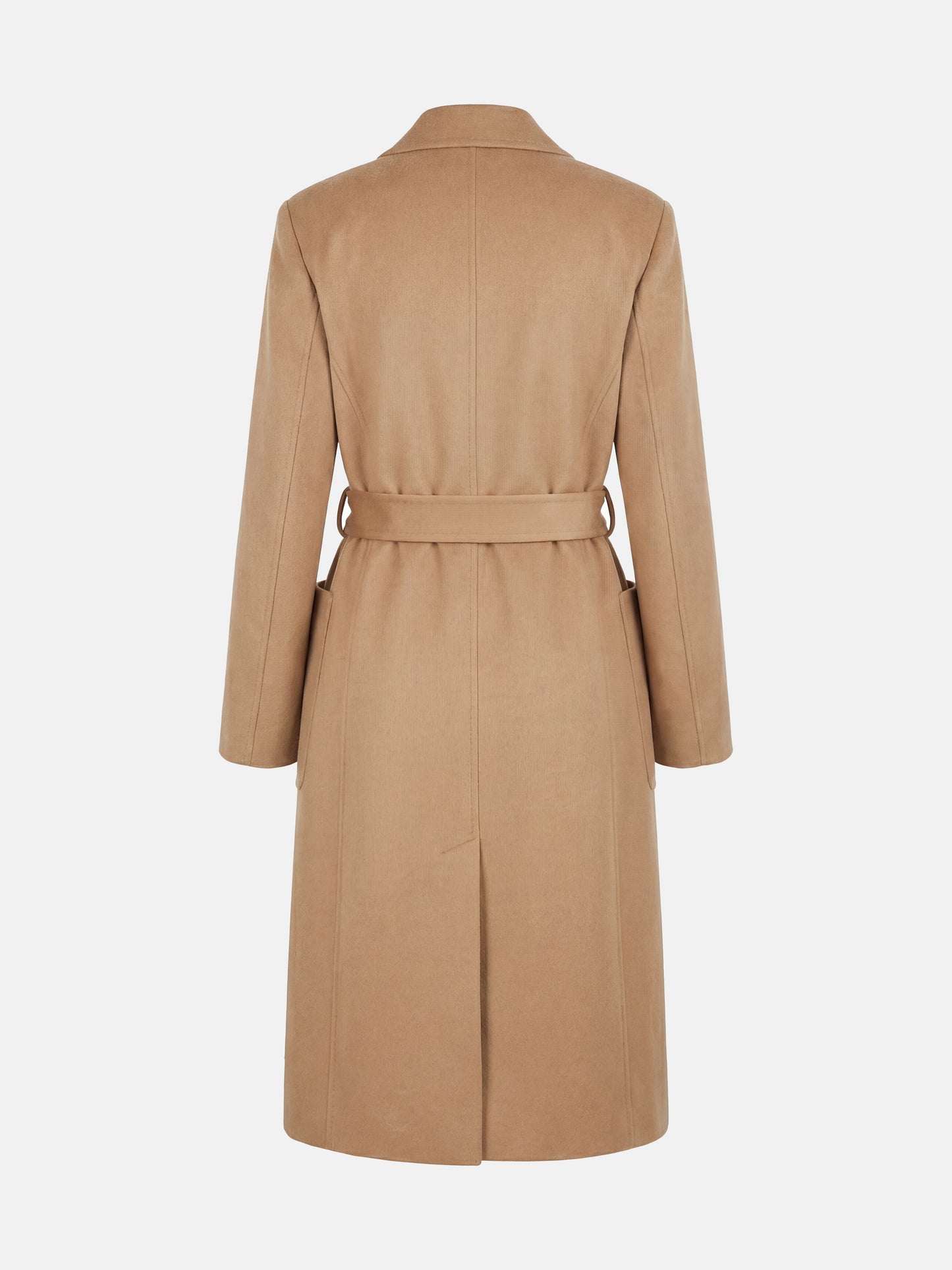 SELVANE Belted Double-Breasted Cashmere Coat in a long, clean silhouette with sharp peak lapels and self-belt.