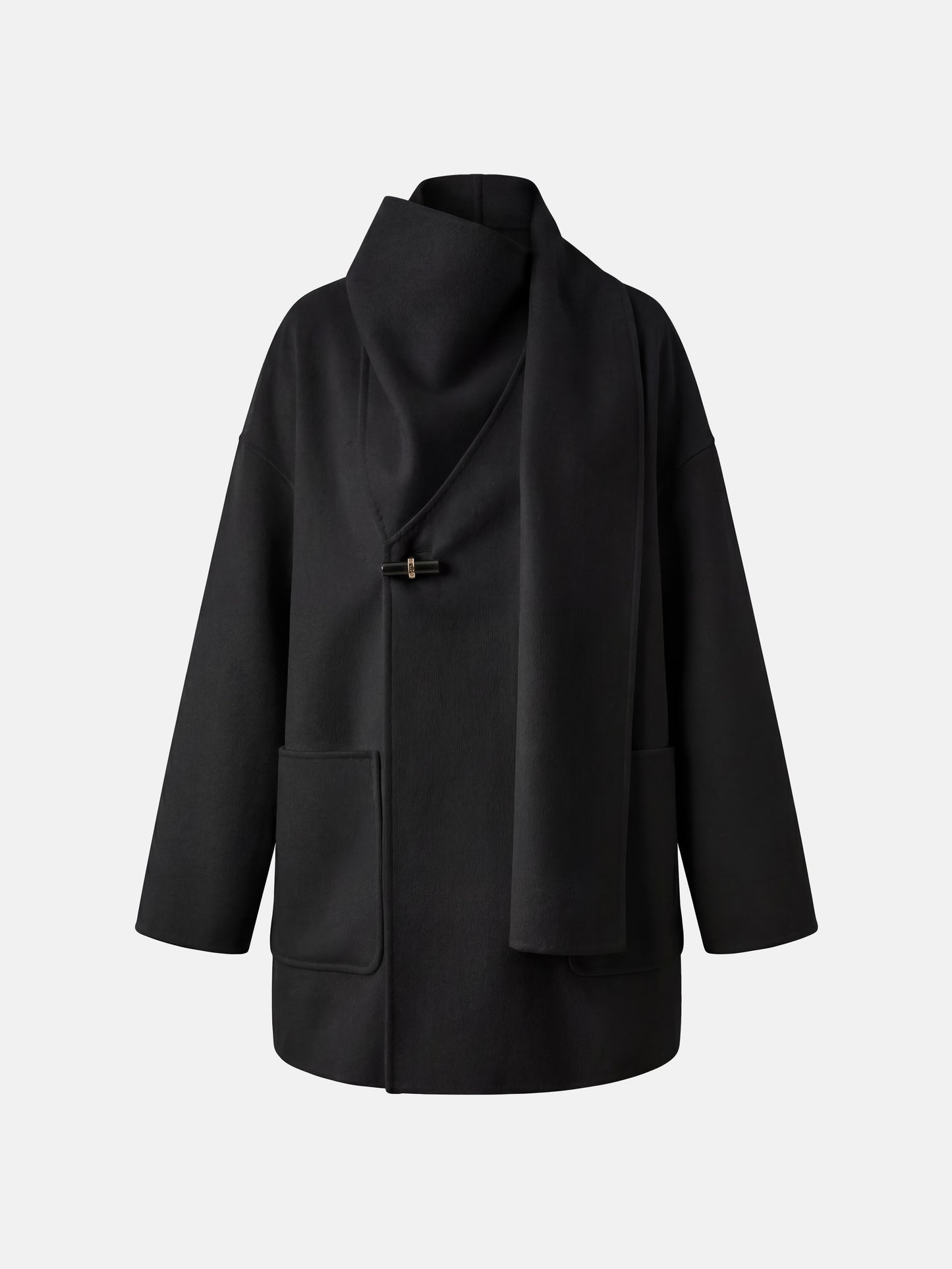 SELVANE Wrap-Scarf Cashmere Coat in a relaxed, cocooning silhouette with sculpted funnel neck and integrated diagonal wrap-scarf.