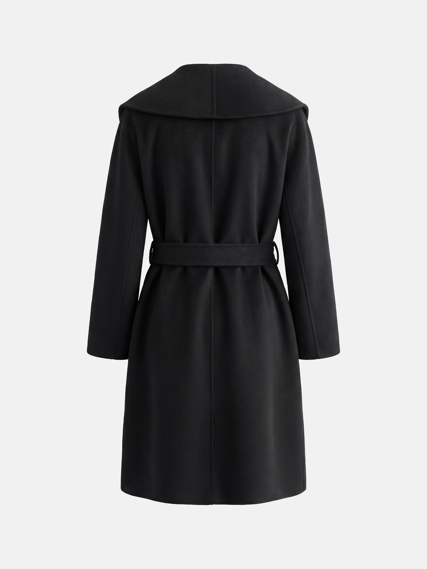 SELVANE mid-length wrap coat in quiet camel pure cashmere, with exaggerated shawl collar and long belt, for elegant motion.