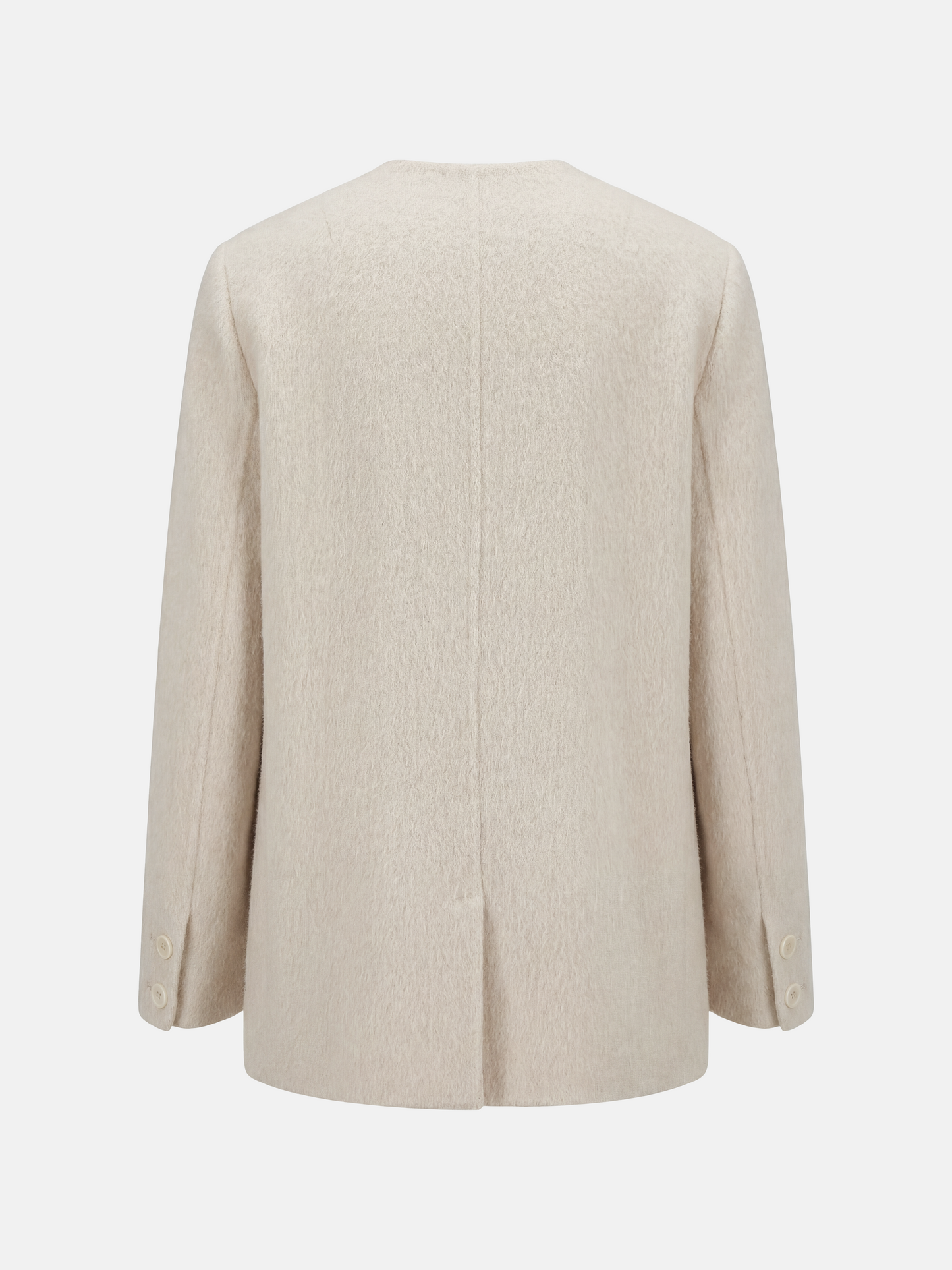 SELVANE Minimalist V-neck suit jacket, alpaca-superfine wool blend, collarless, clean V-neck, softened shoulders, composed elegance.