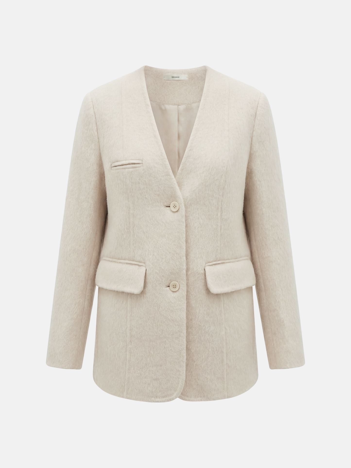 SELVANE Minimalist V-neck suit jacket, alpaca-superfine wool blend, collarless, clean V-neck, softened shoulders, composed elegance.