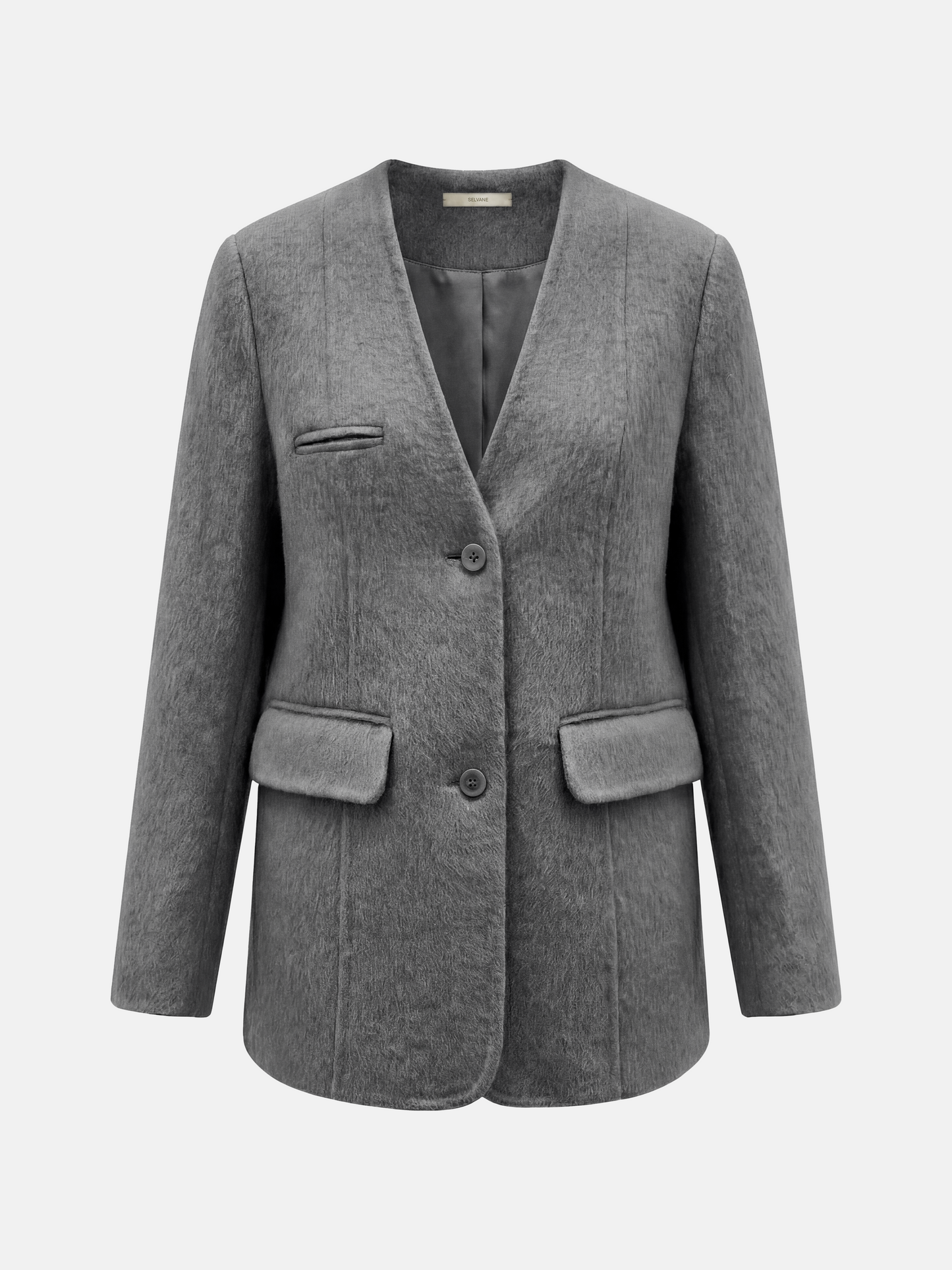 SELVANE Minimalist V-neck suit jacket, alpaca-superfine wool blend, collarless, clean V-neck, softened shoulders, composed elegance.