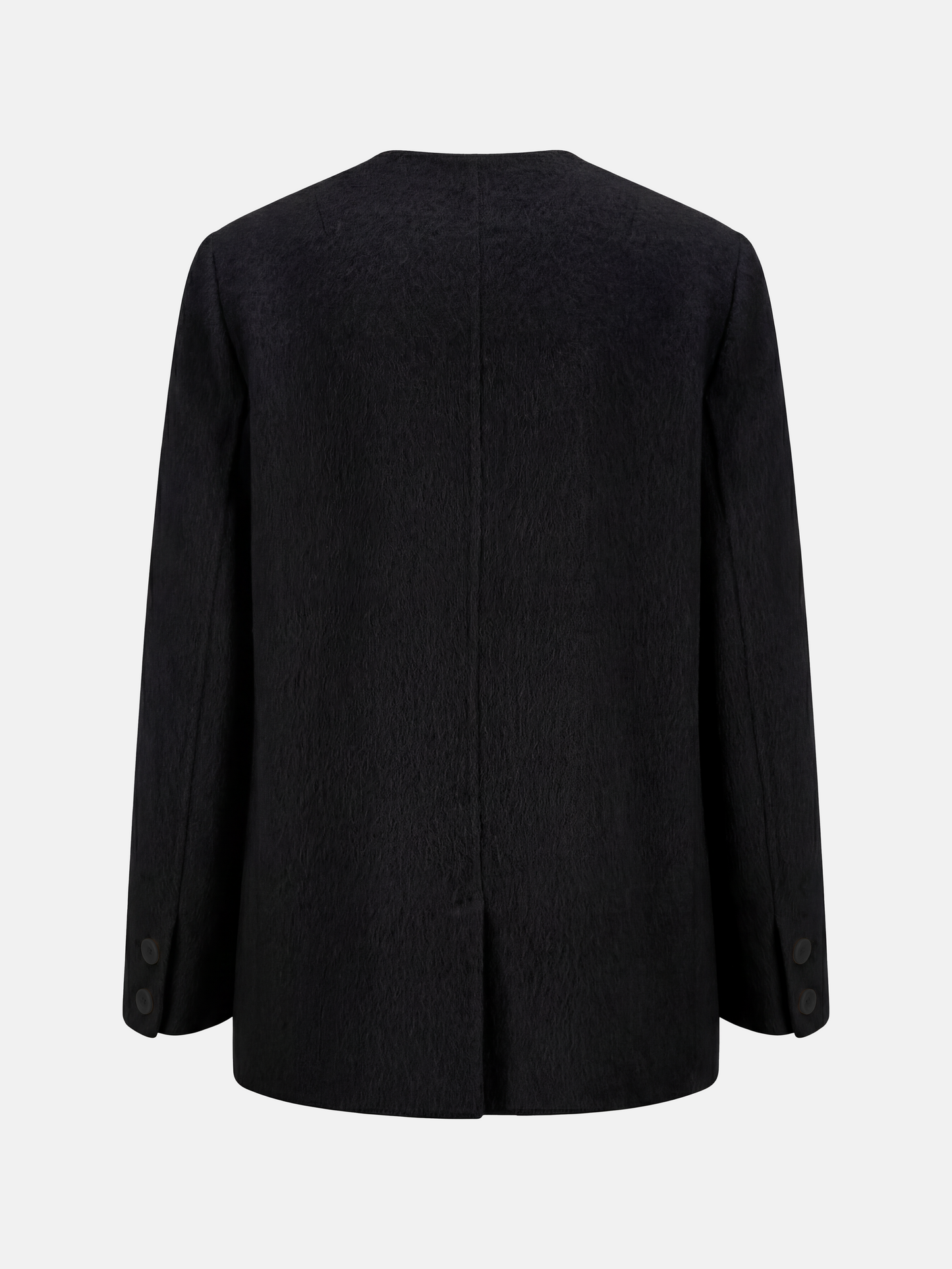 SELVANE Minimalist V-neck suit jacket, alpaca-superfine wool blend, collarless, clean V-neck, softened shoulders, composed elegance.