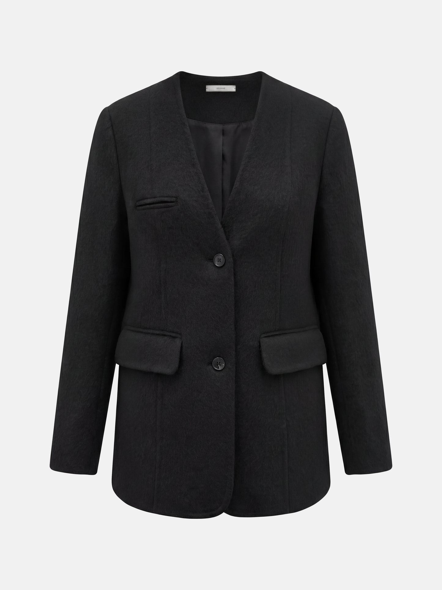 SELVANE Minimalist V-neck suit jacket — view 12, showcasing material texture and silhouette detail