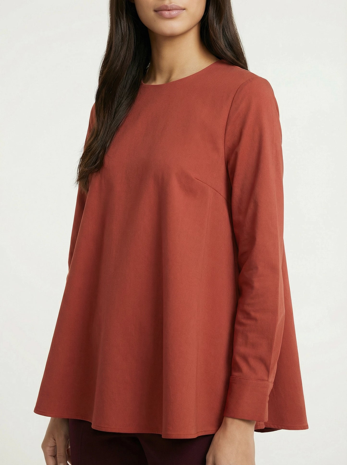 SELVANE Flared Blouse & Slim Trousers Set in warm brick red and deep burgundy rayon, elegant evening wear.
