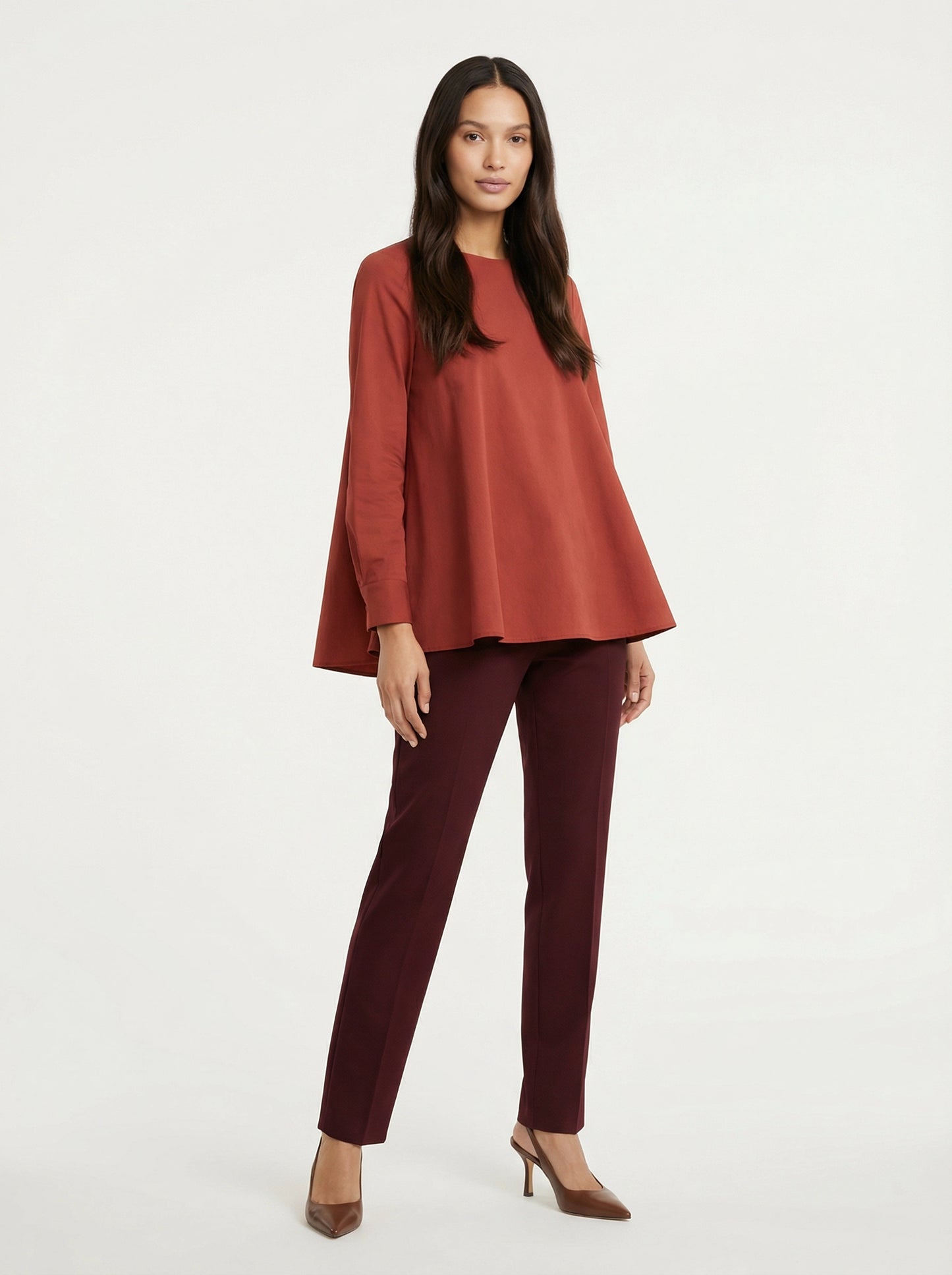 SELVANE Flared Blouse & Slim Trousers Set in warm brick red and deep burgundy rayon, elegant evening wear.