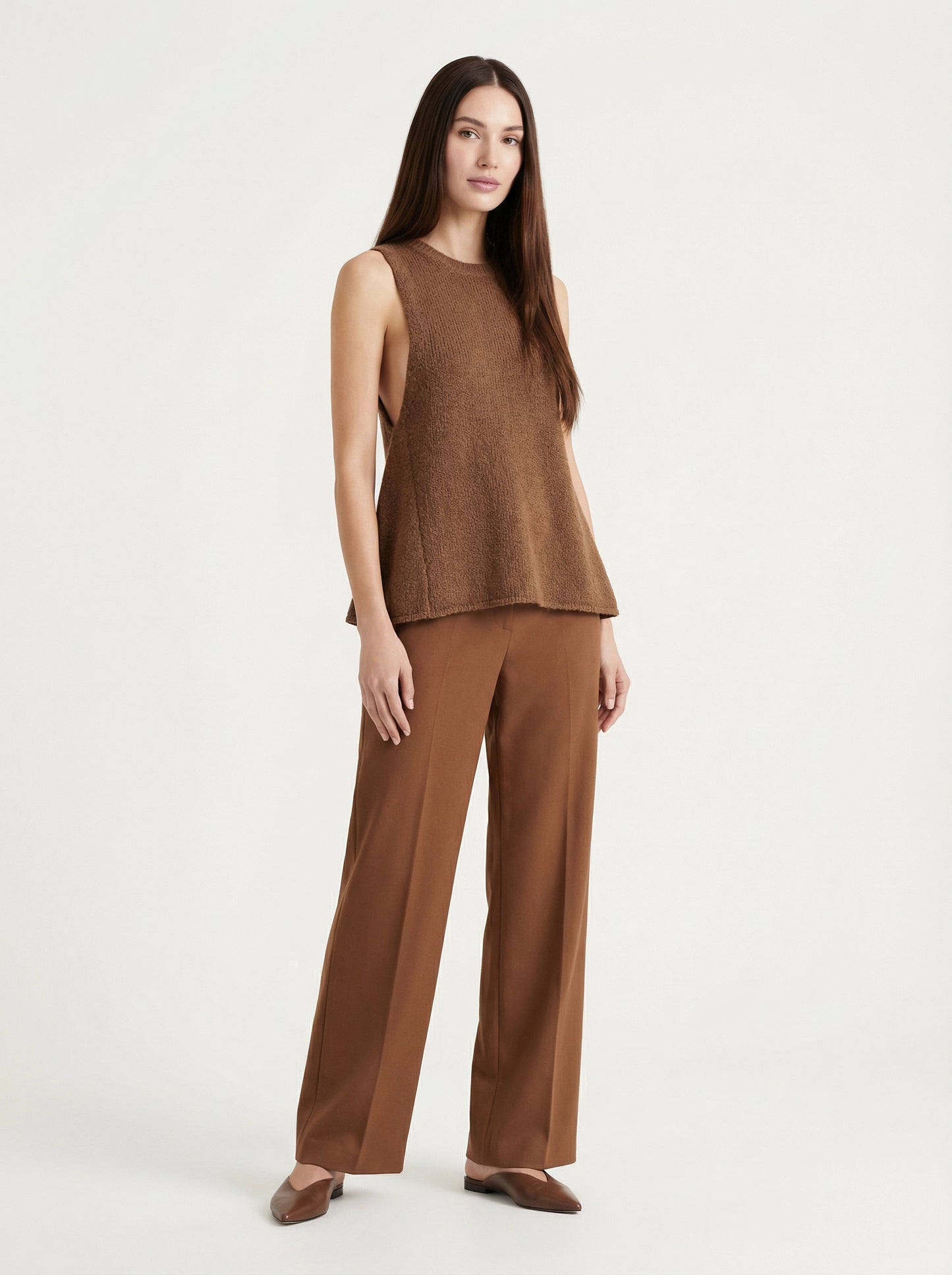 SELVANE Knit Shell & Wide-Leg Trousers Set in warm brown, featuring a textured sleeveless top and fluid wide-leg pants for a relaxed, tonal ensemble.