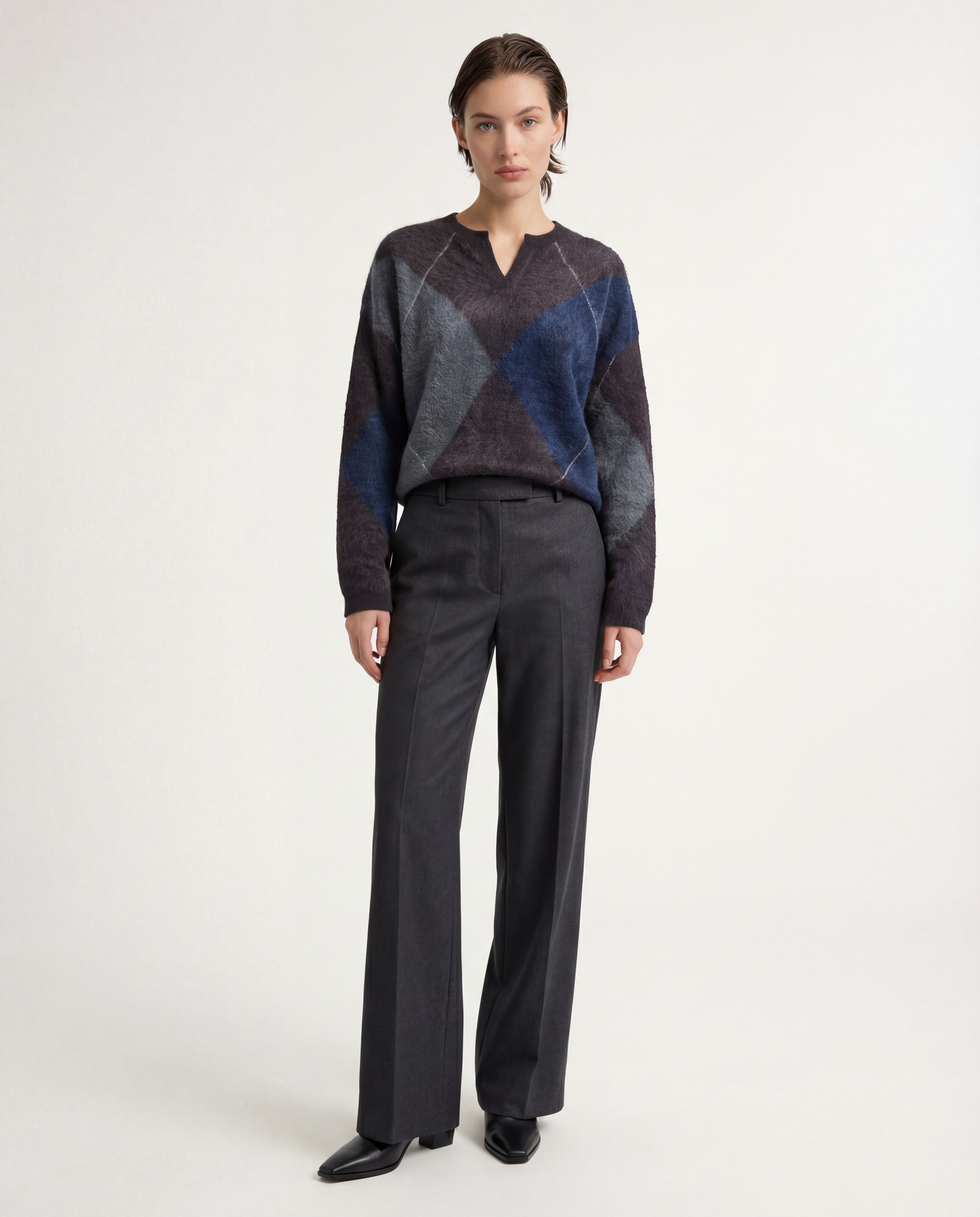 SELVANE Cashmere Argyle Split-Neck Sweater, featuring softened argyle pattern, relaxed fit, and subtle split neck.