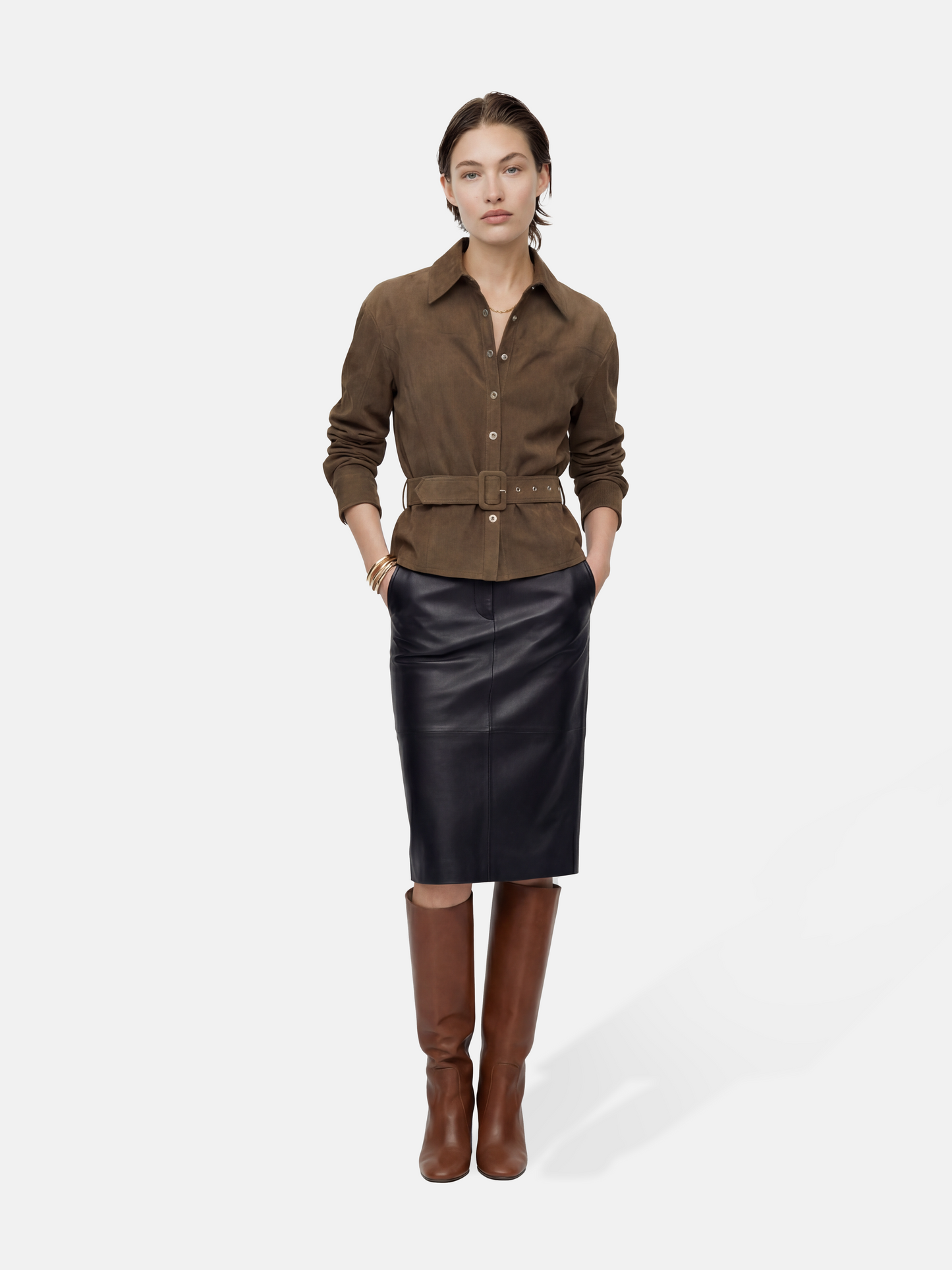 SELVANE Khaki Belted Shirt Jacket, relaxed fit, soft suede-like fabric, with extended cuffs and a defining waist belt.