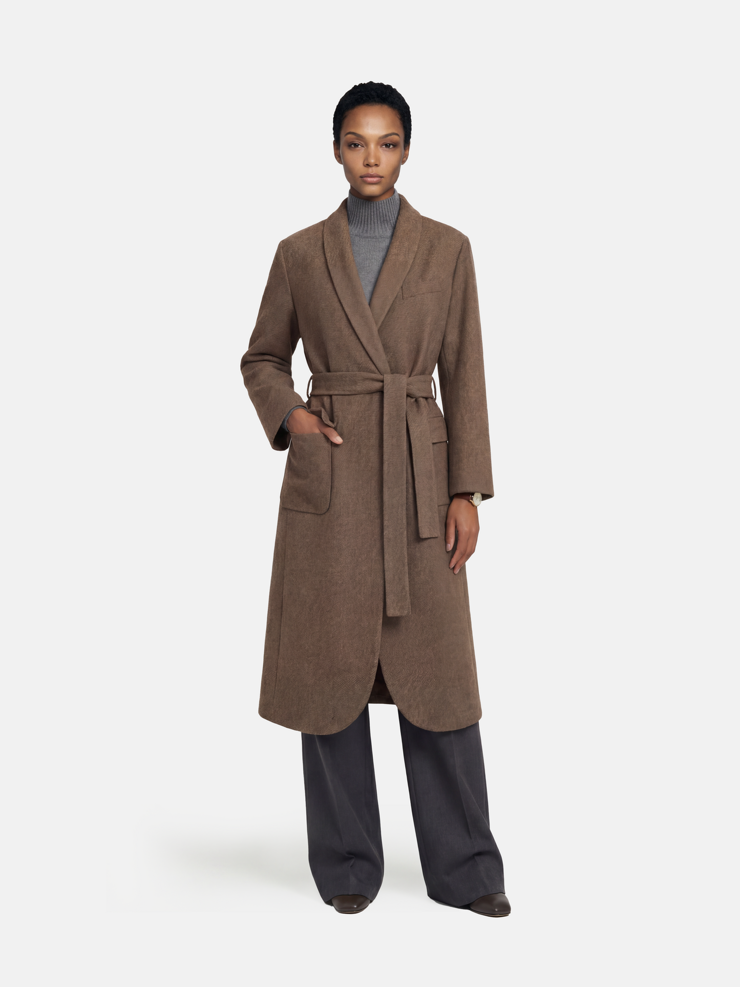 SELVANE Herringbone Belted Wool-Silk Long Coat in quiet khaki, featuring a shawl neckline and self-tie belt, shown in fluid motion.