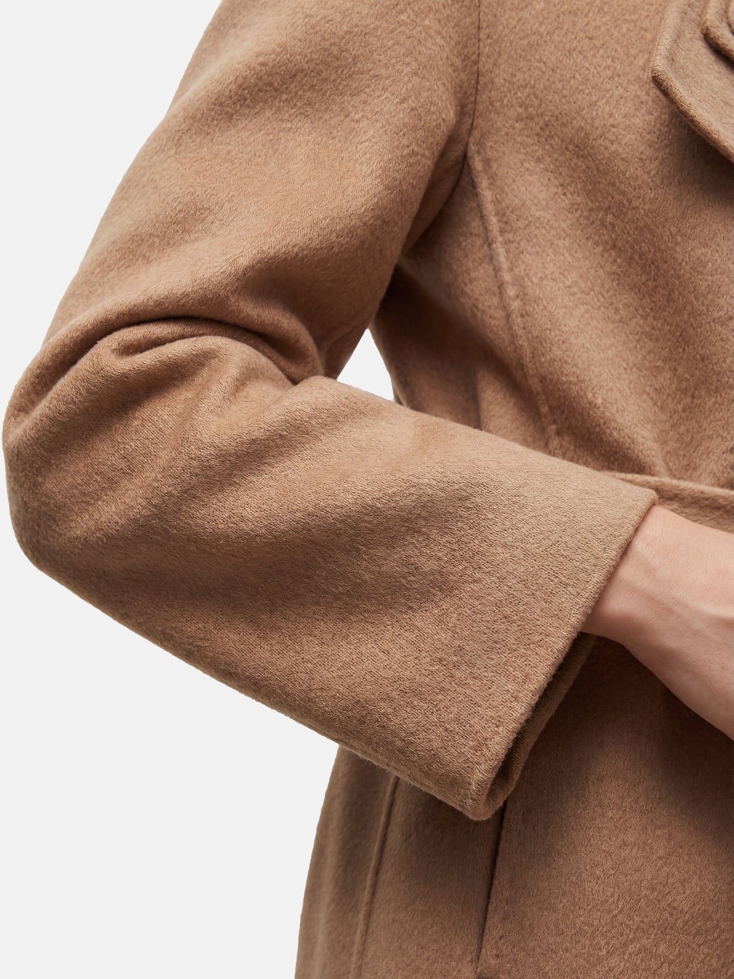 SELVANE Cashmere Belted Trench Coat in camel, featuring a generous lapel and clean belted silhouette, tailored for refined presence.
