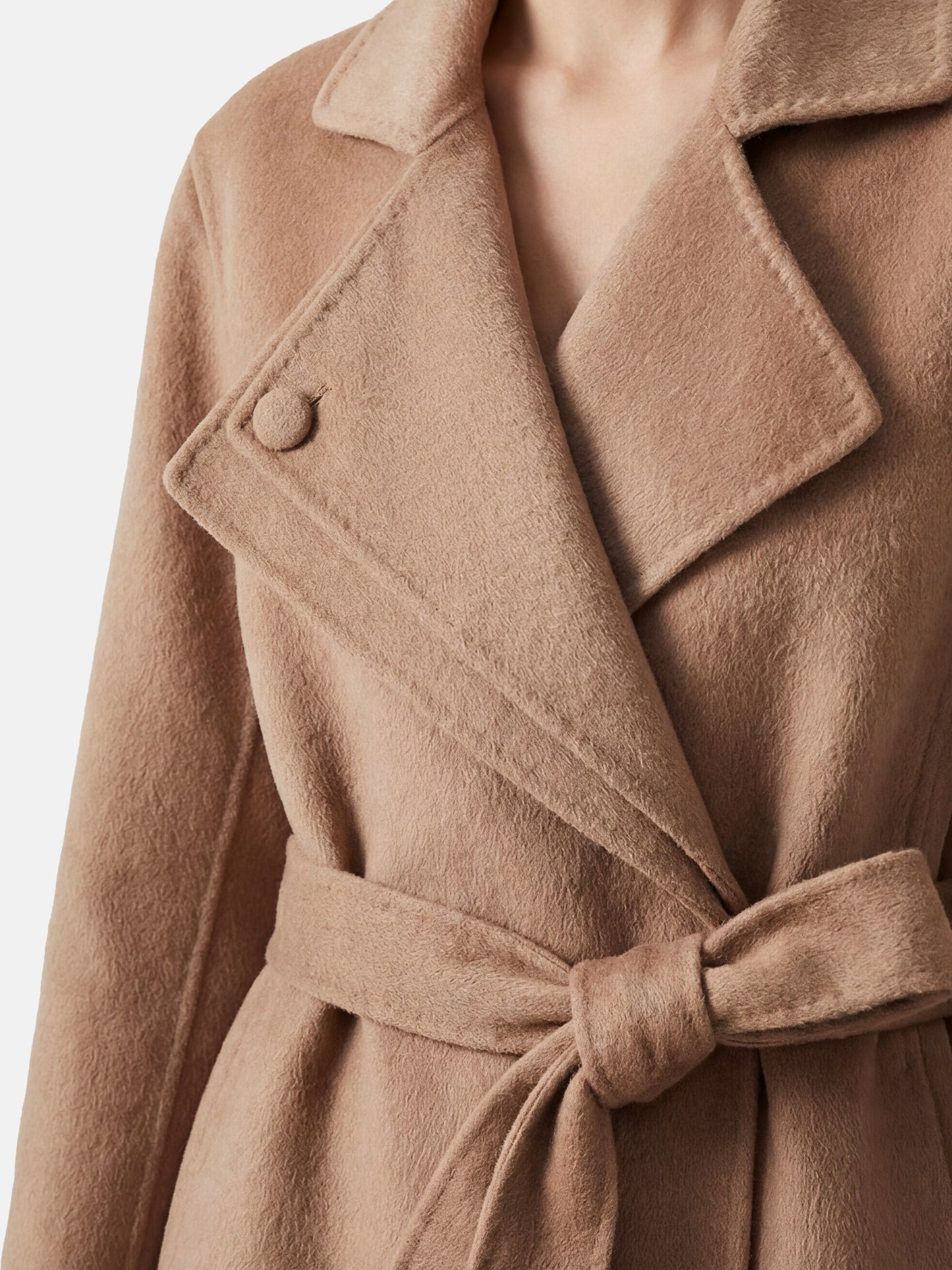 SELVANE Cashmere Belted Trench Coat in camel, featuring a generous lapel and clean belted silhouette, tailored for refined presence.