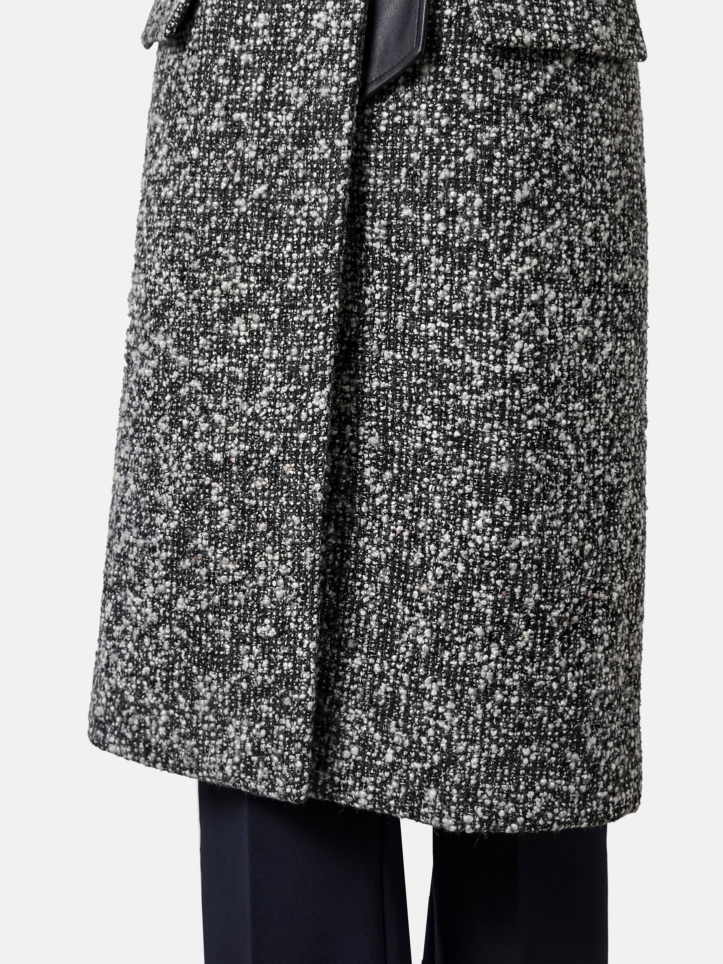 SELVANE Herringbone Wool-Blend Coat, long streamlined silhouette, V-neck, wrap-front, sculpted waist, monochrome herringbone, contrast placket.