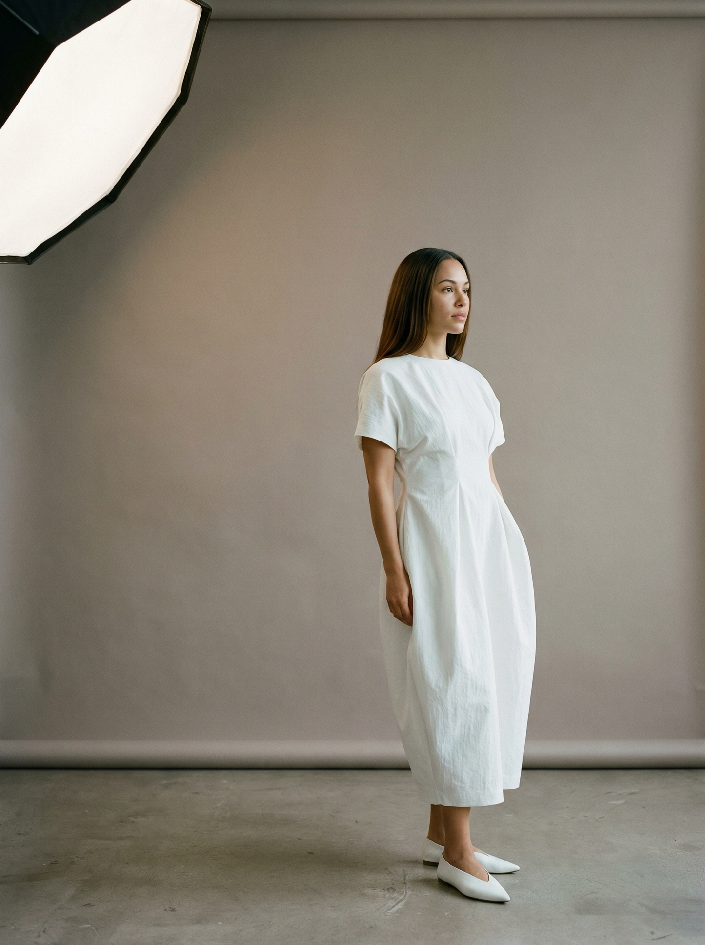 SELVANE Nylon-Viscose Structured Dress in a minimalist silhouette, showcasing clean lines and fluid movement.
