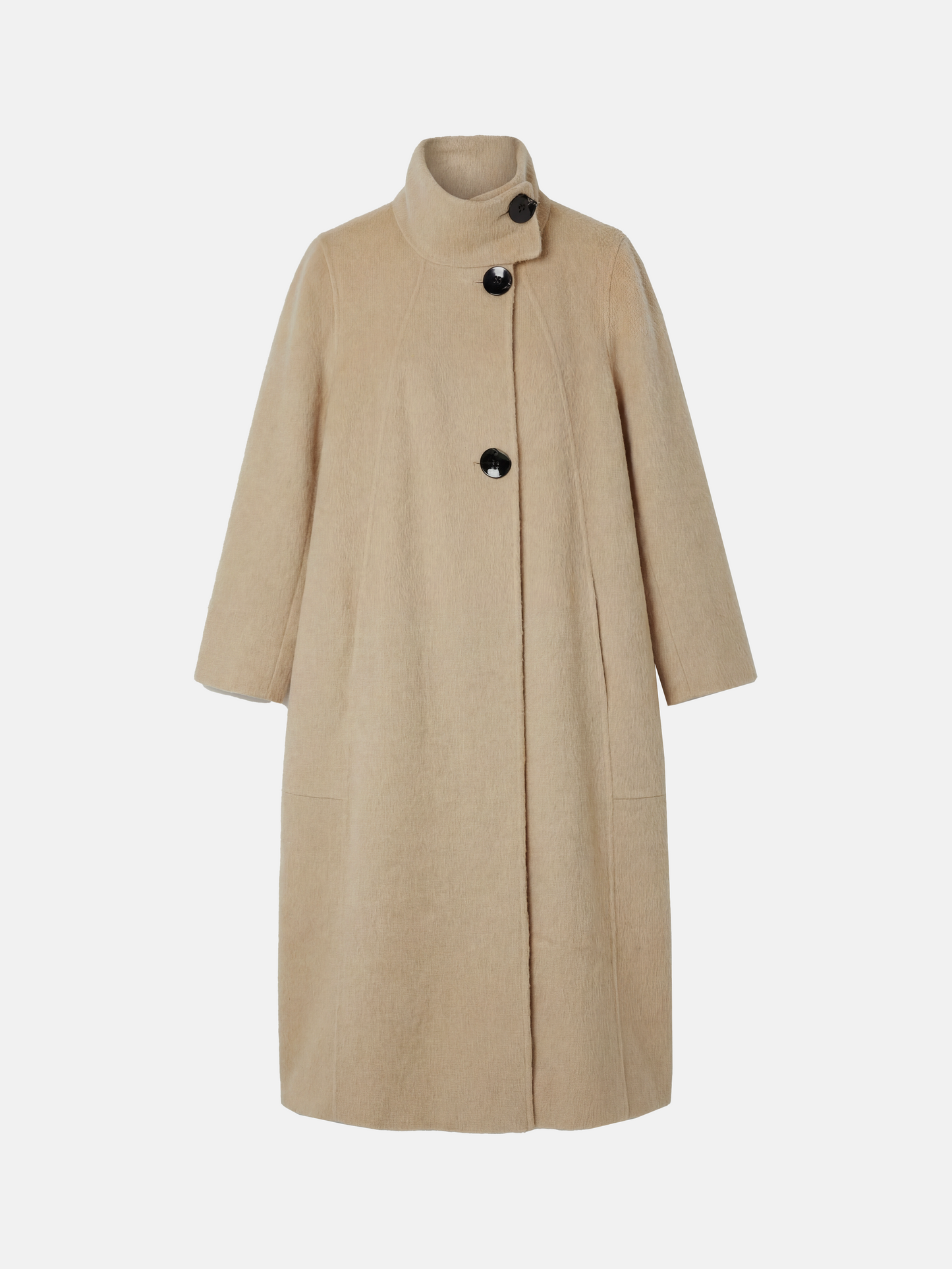 SELVANE Camel Hair Long Coat, featuring a high collar, double-button closure, and elegant straight silhouette.
