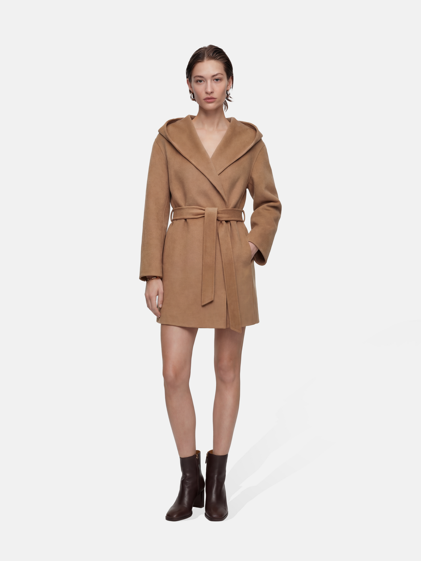 SELVANE Wool-Cashmere Hooded Belted Coat in a relaxed fit, featuring a wrap front and self-tie belt, shown on a model.