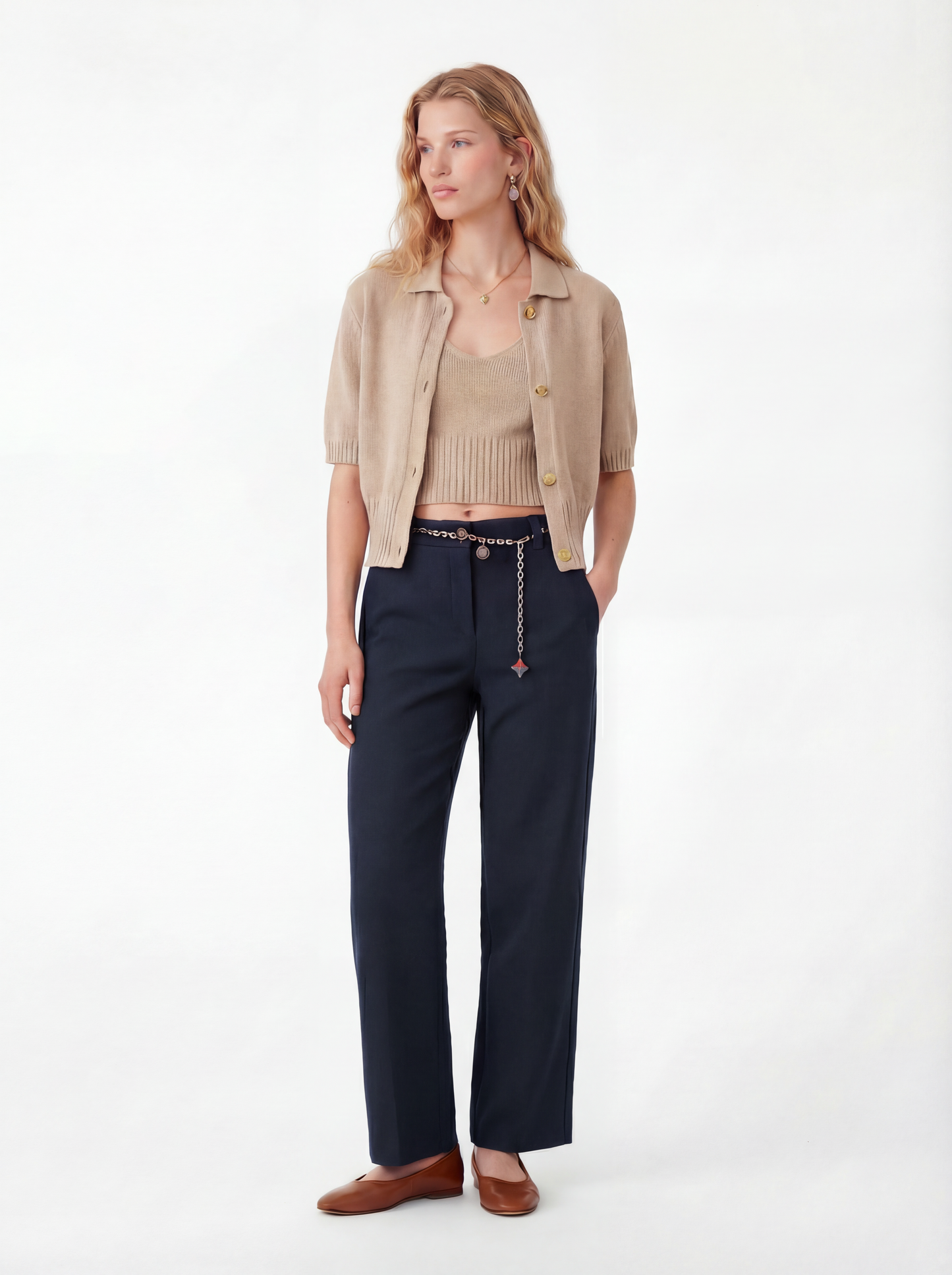 SELVANE Structured Cropped Trousers in a straight silhouette, mid-rise, with minimal seams and pressed creases.