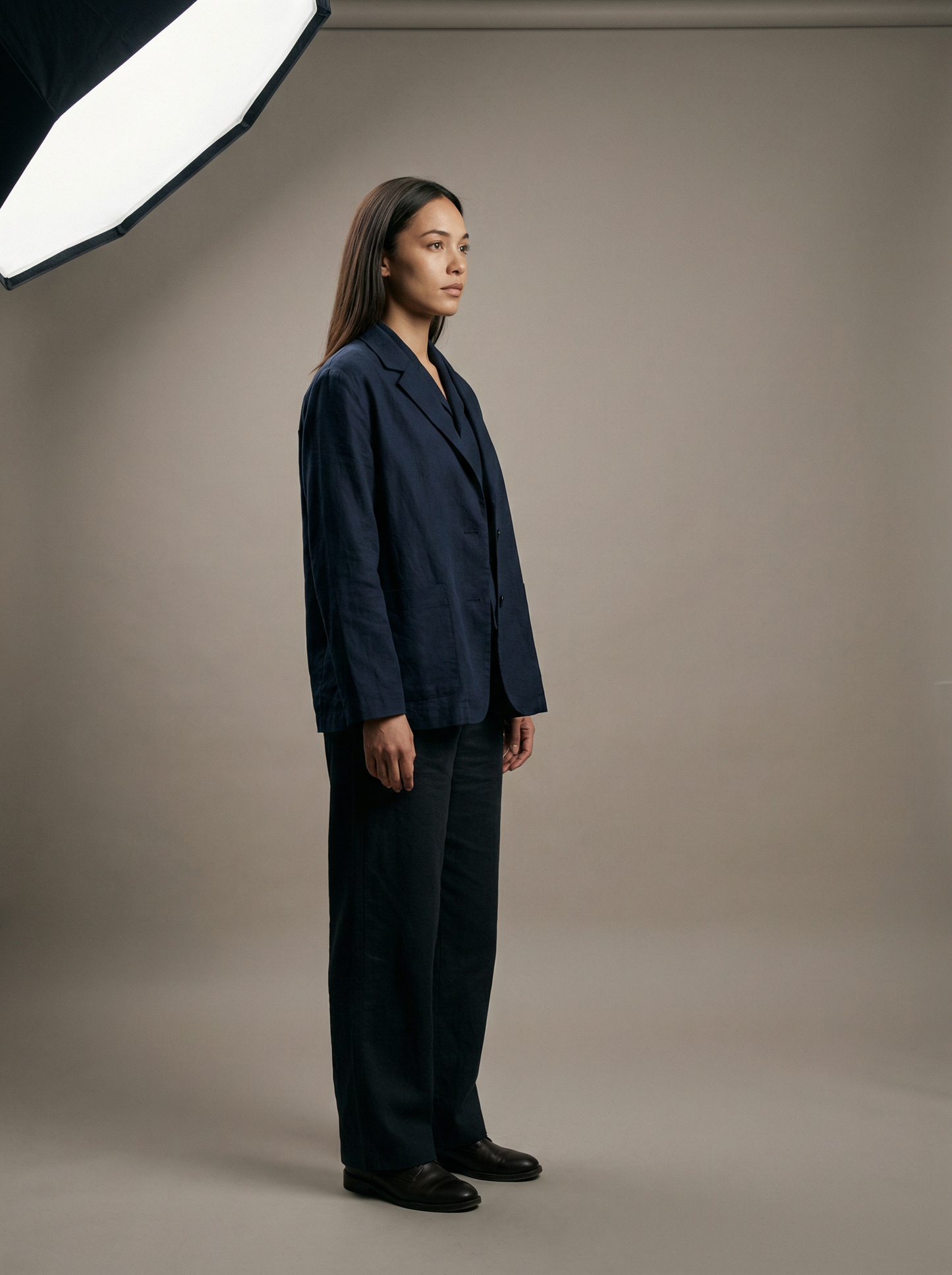 Front view of a SELVANE Cotton-Linen Layered Jacket, showcasing its structured yet fluid silhouette and unique texture.