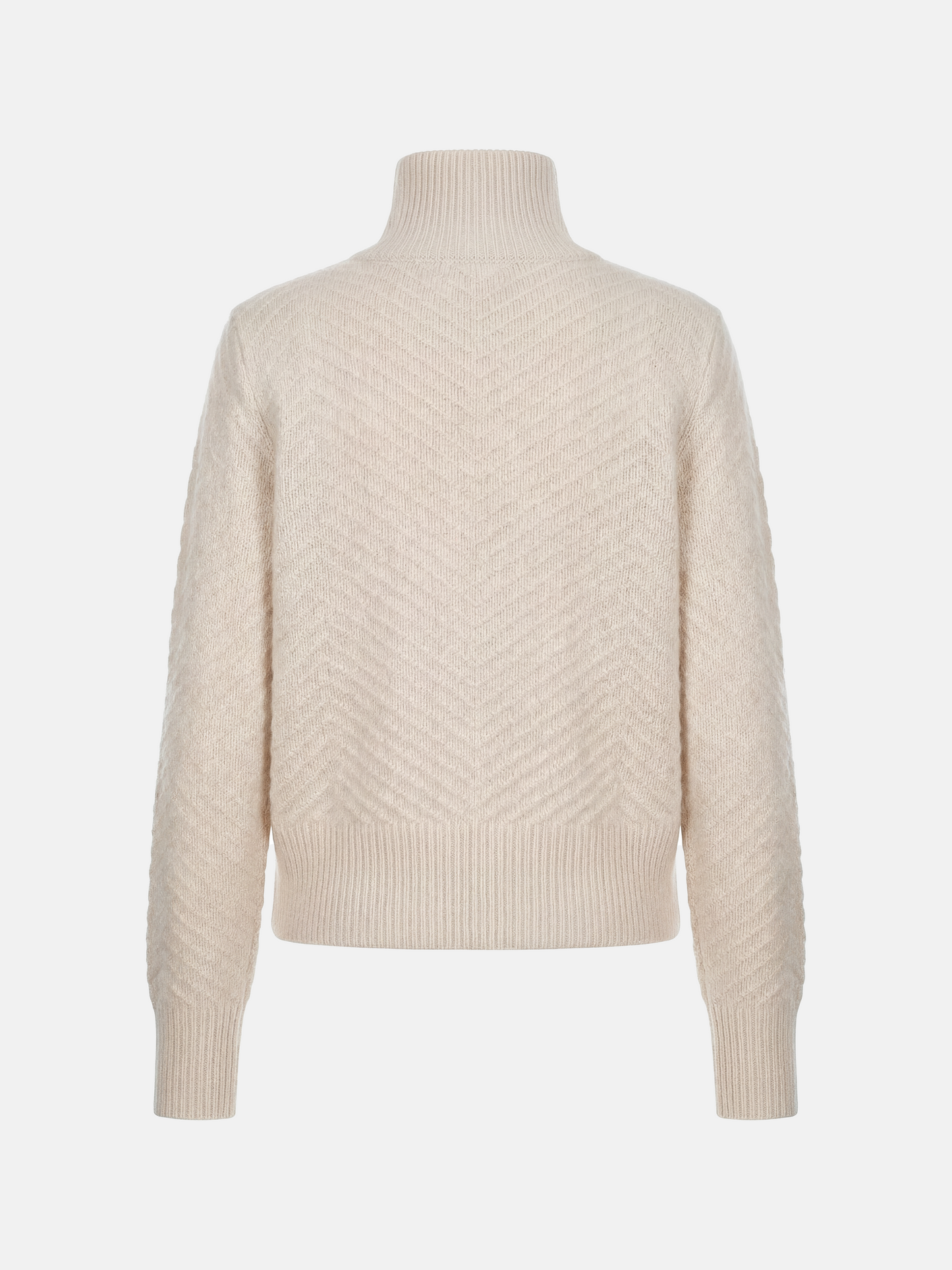SELVANE herringbone cashmere zip-up cardigan sweater with high ribbed collar, relaxed fit, and chevron knit texture.