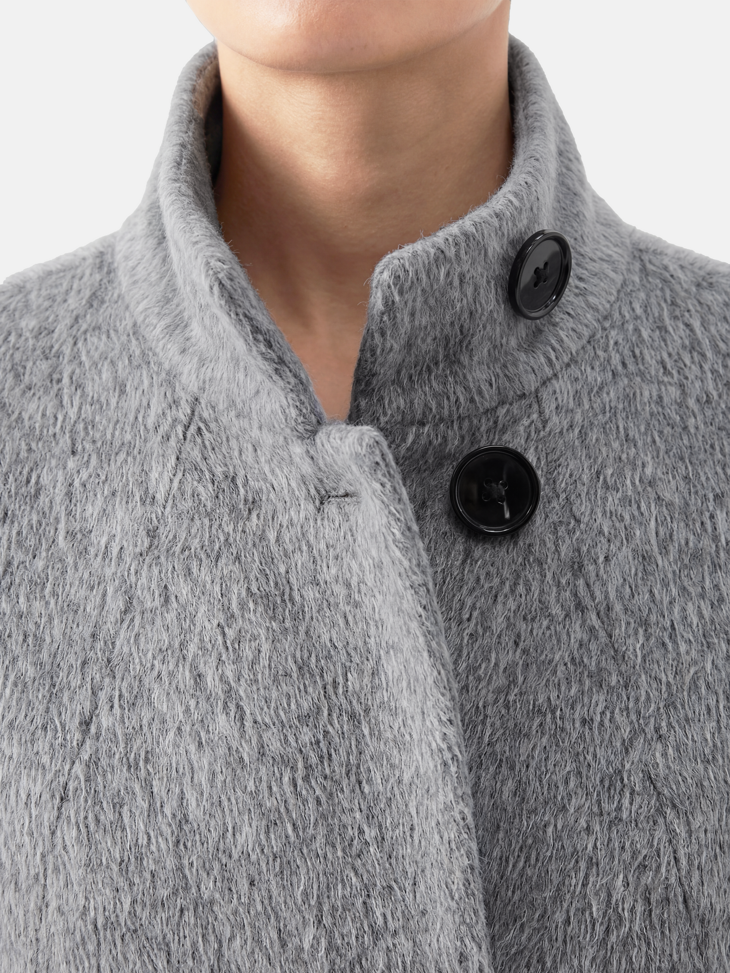 Tailored grey camel hair stand-up collar coat, full-length, structured body, soft brushed surface, elegant silhouette.