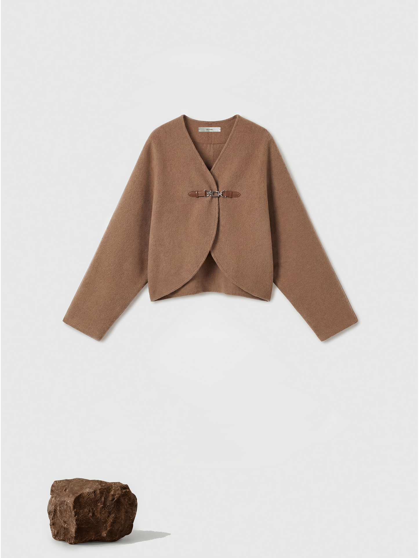 SELVANE Buckled Cape-Style Wool Jacket in khaki, featuring a dramatic cape drape and a single waist buckle.
