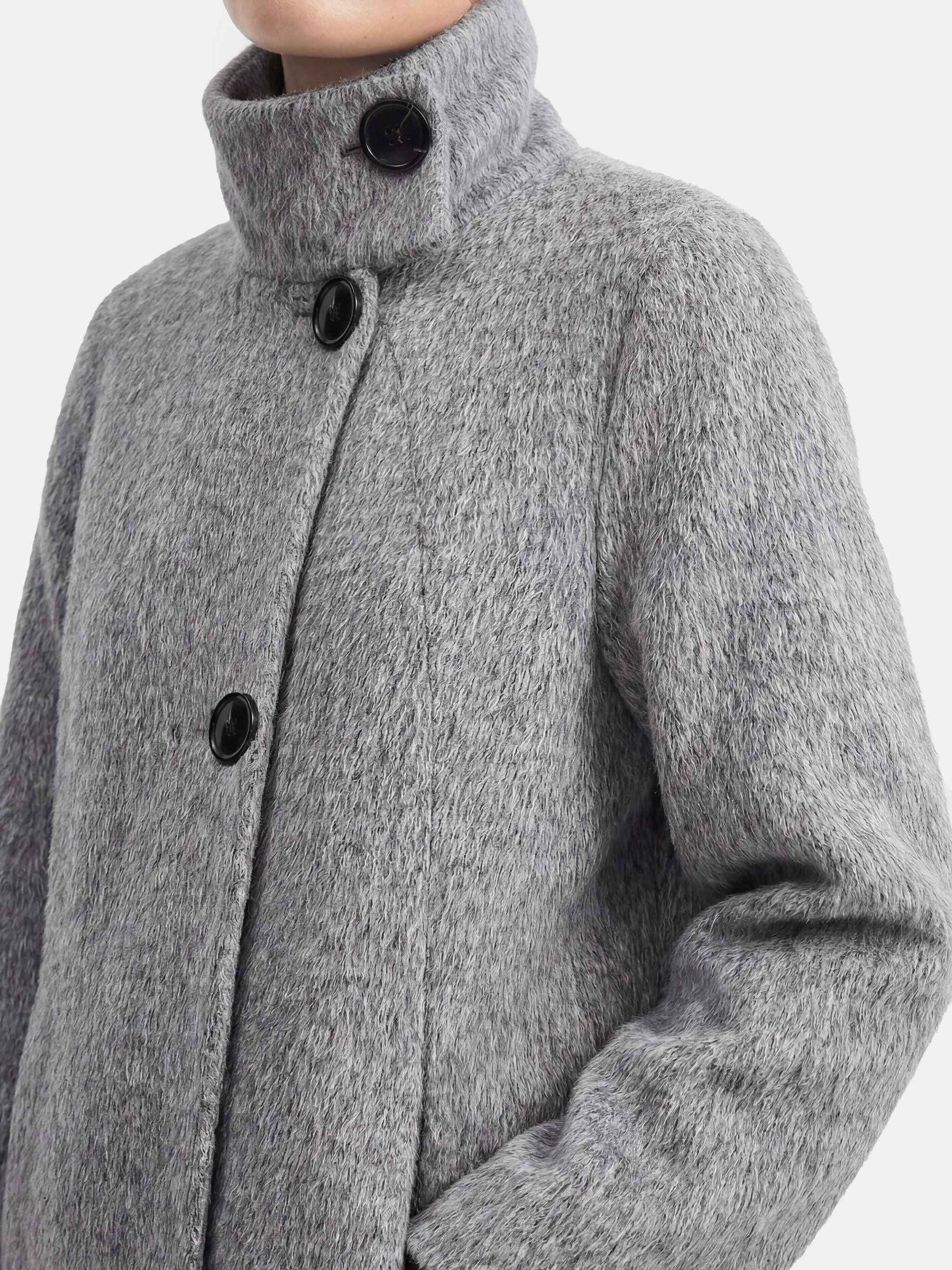 Tailored grey camel hair stand-up collar coat, full-length, structured body, soft brushed surface, elegant silhouette.