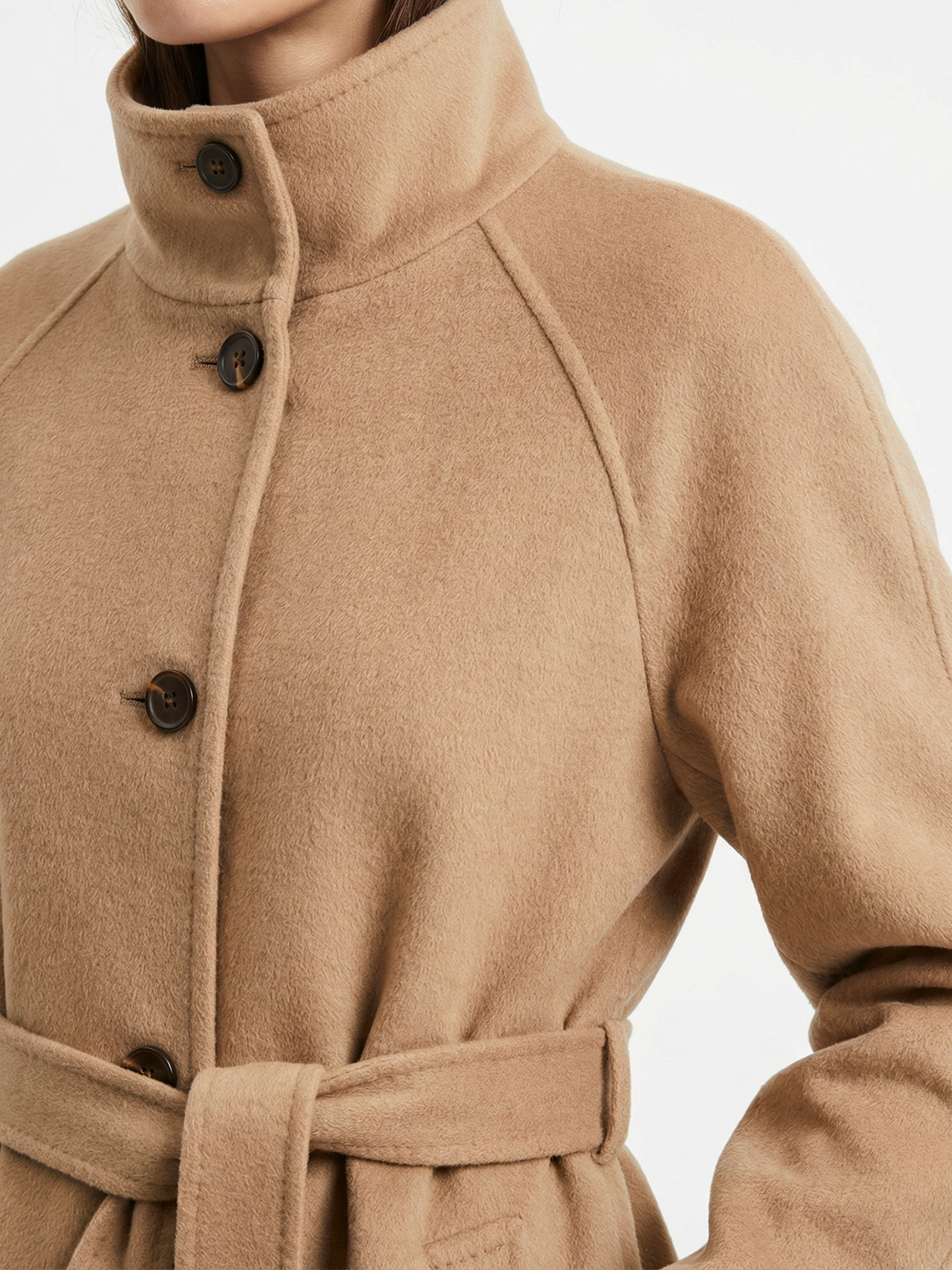 Full-length SELVANE camelhair belted coat with raglan sleeves and high stand collar, showcasing its elongated silhouette and plush texture.