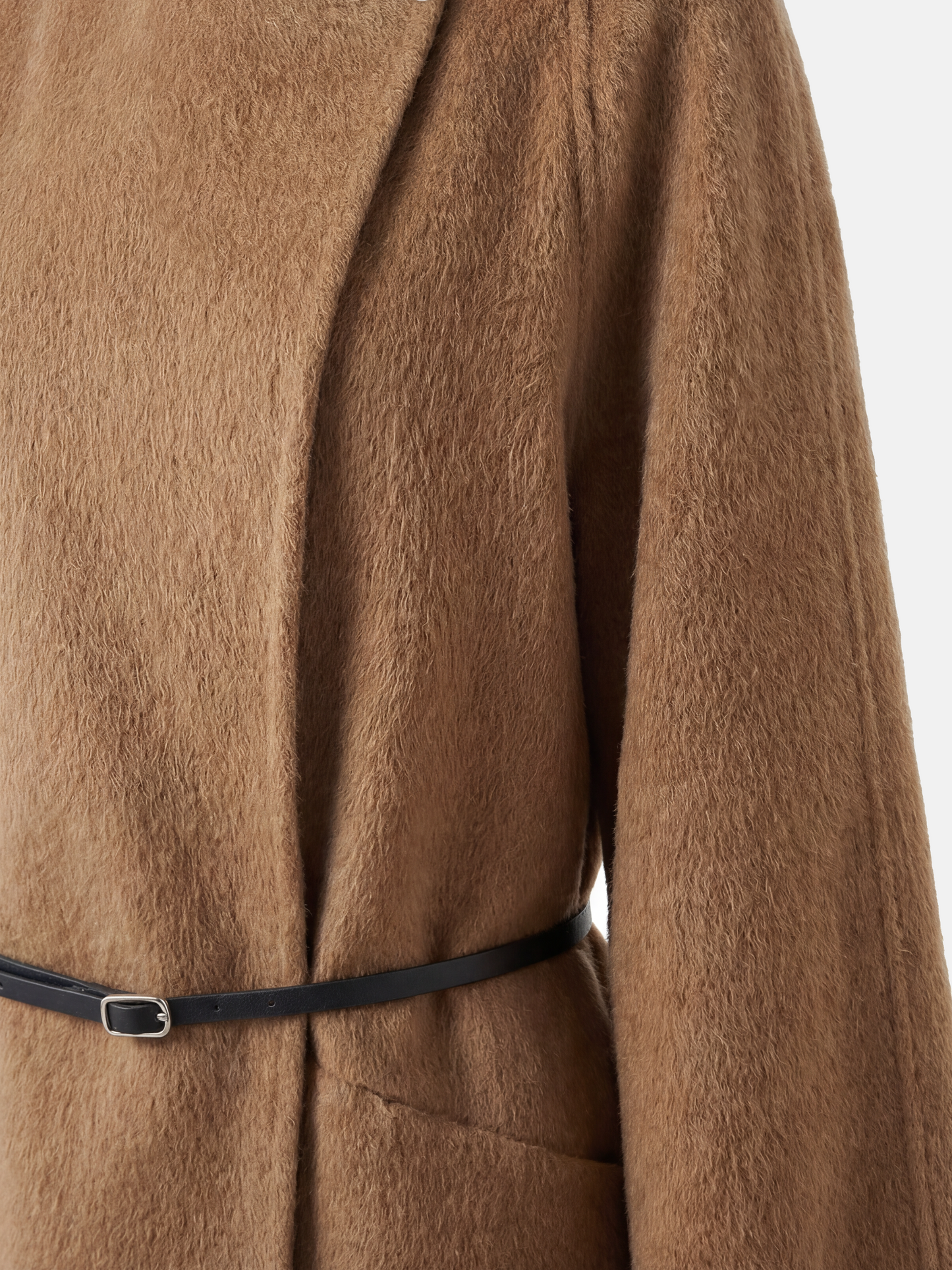 SELVANE Camelhair Collarless Belted Coat, hip-length, with turned-back cuffs, cinched at waist, on a model.