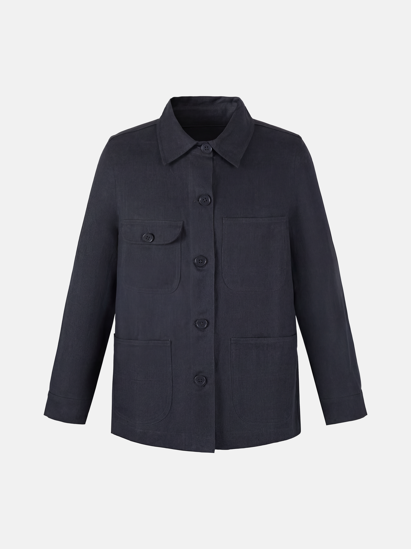 SELVANE Linen Work Shirt Jacket in a natural hue, featuring a clean-lined silhouette and four quiet utility pockets, embodying practical geometry.