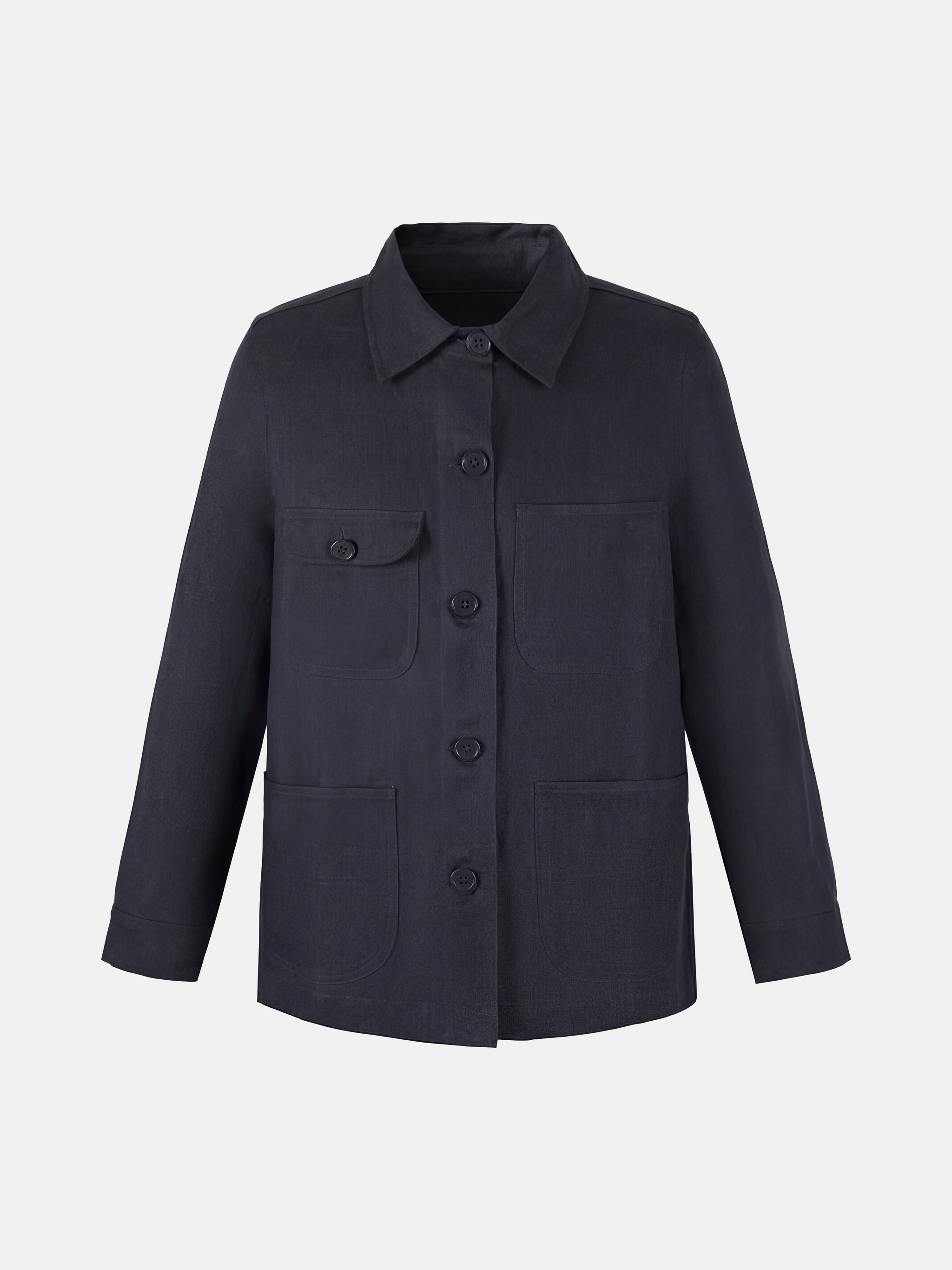 SELVANE Linen Work Shirt Jacket in a natural hue, featuring a clean-lined silhouette and four quiet utility pockets, embodying practical geometry.