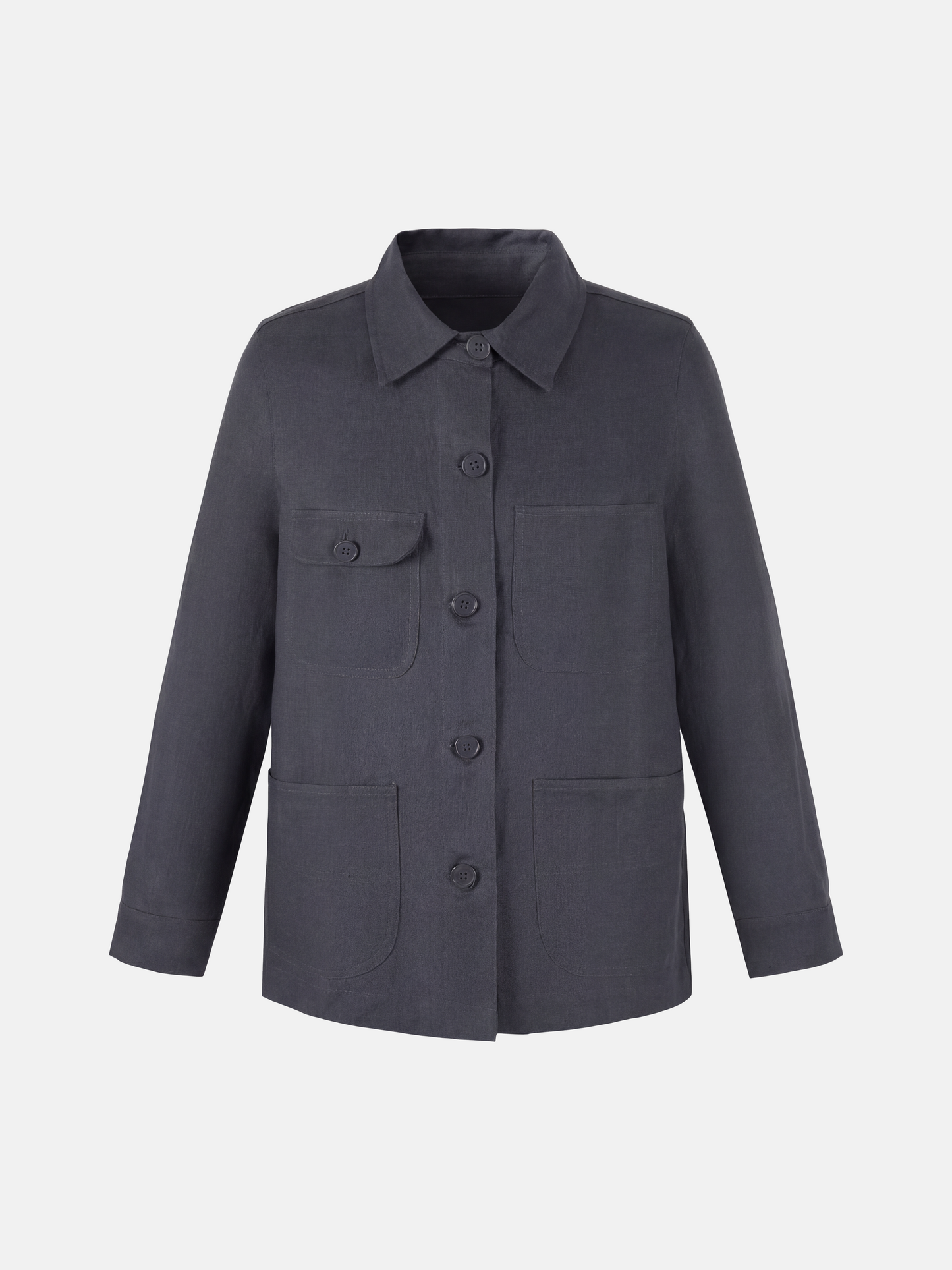 SELVANE Linen Work Shirt Jacket in a natural hue, featuring a clean-lined silhouette and four quiet utility pockets, embodying practical geometry.