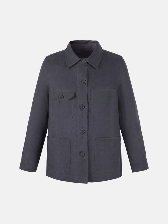 SELVANE Linen Work Shirt Jacket in a natural hue, featuring a clean-lined silhouette and four quiet utility pockets, embodying practical geometry.