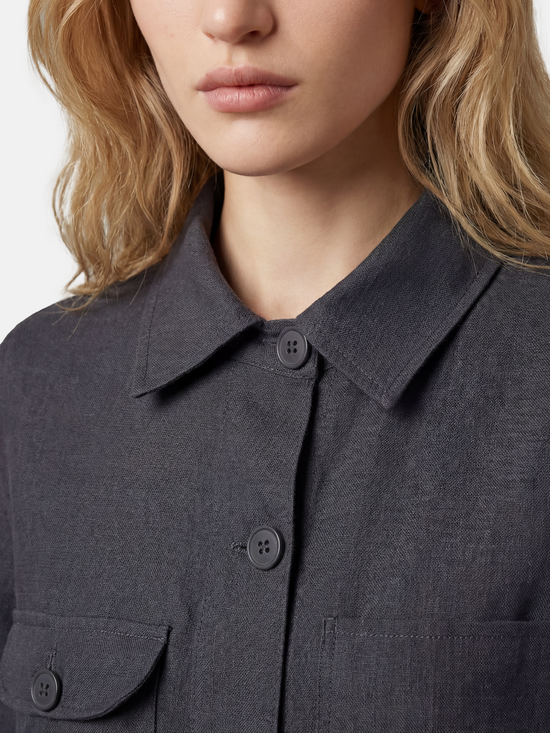 SELVANE Linen Work Shirt Jacket in a natural hue, featuring a clean-lined silhouette and four quiet utility pockets, embodying practical geometry.
