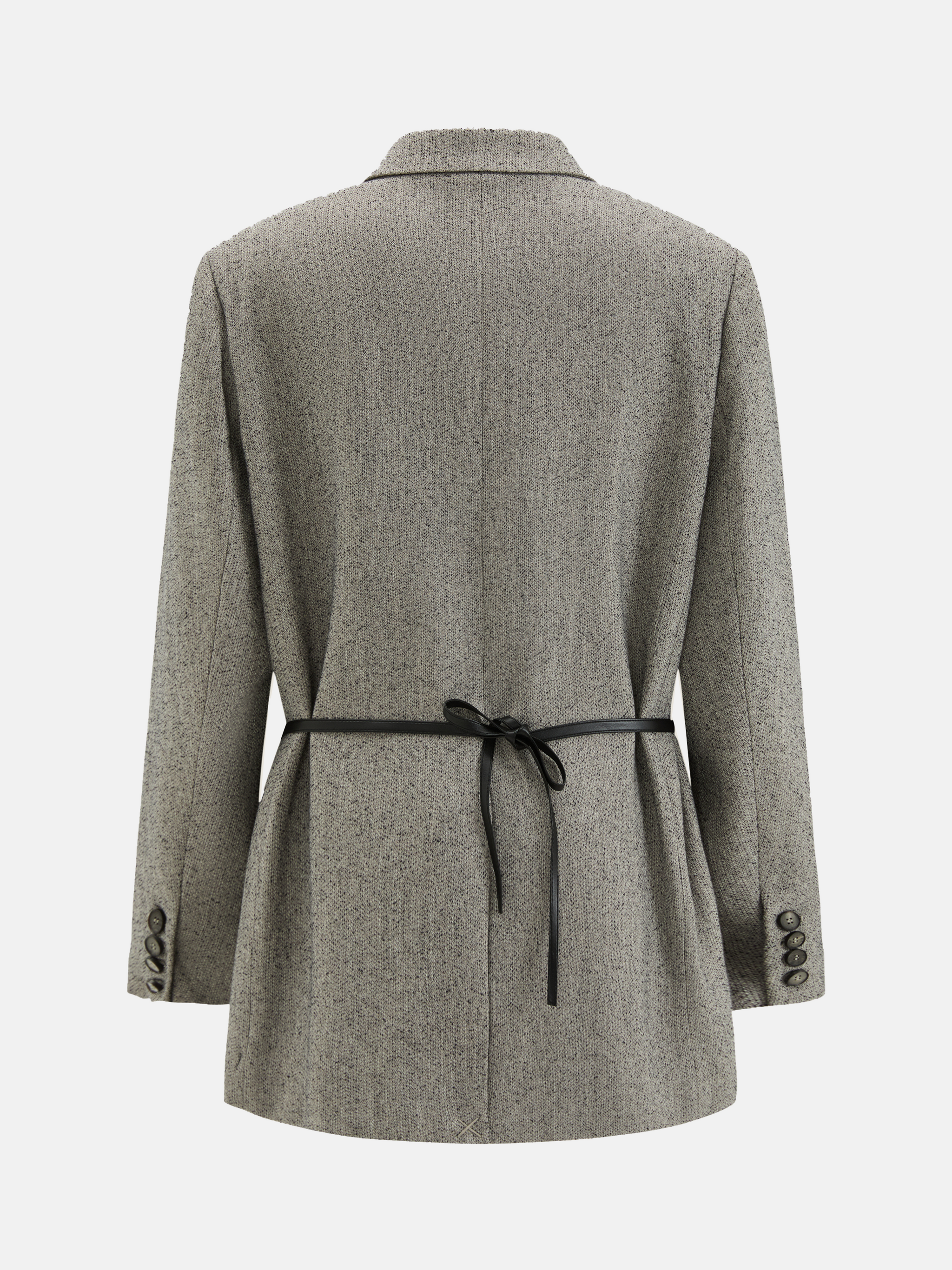 SELVANE heather grey tailored suit set, elongated body, shaped waist with asymmetric belt, on a model.