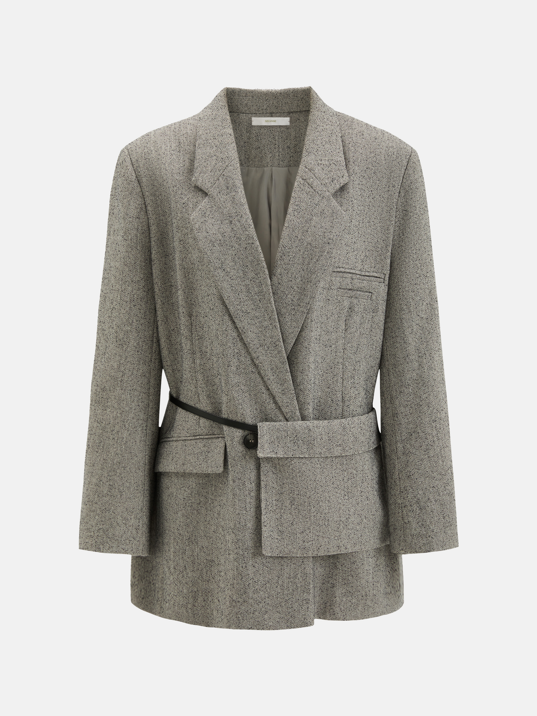 SELVANE heather grey tailored suit set, elongated body, shaped waist with asymmetric belt, on a model.