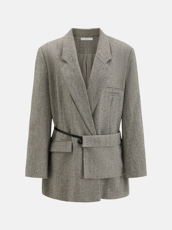 SELVANE heather grey tailored suit set, elongated body, shaped waist with asymmetric belt, on a model.