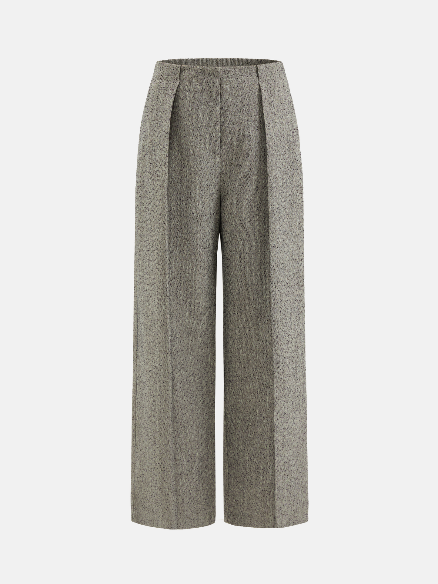 SELVANE heather grey tailored suit set, elongated body, shaped waist with asymmetric belt, on a model.