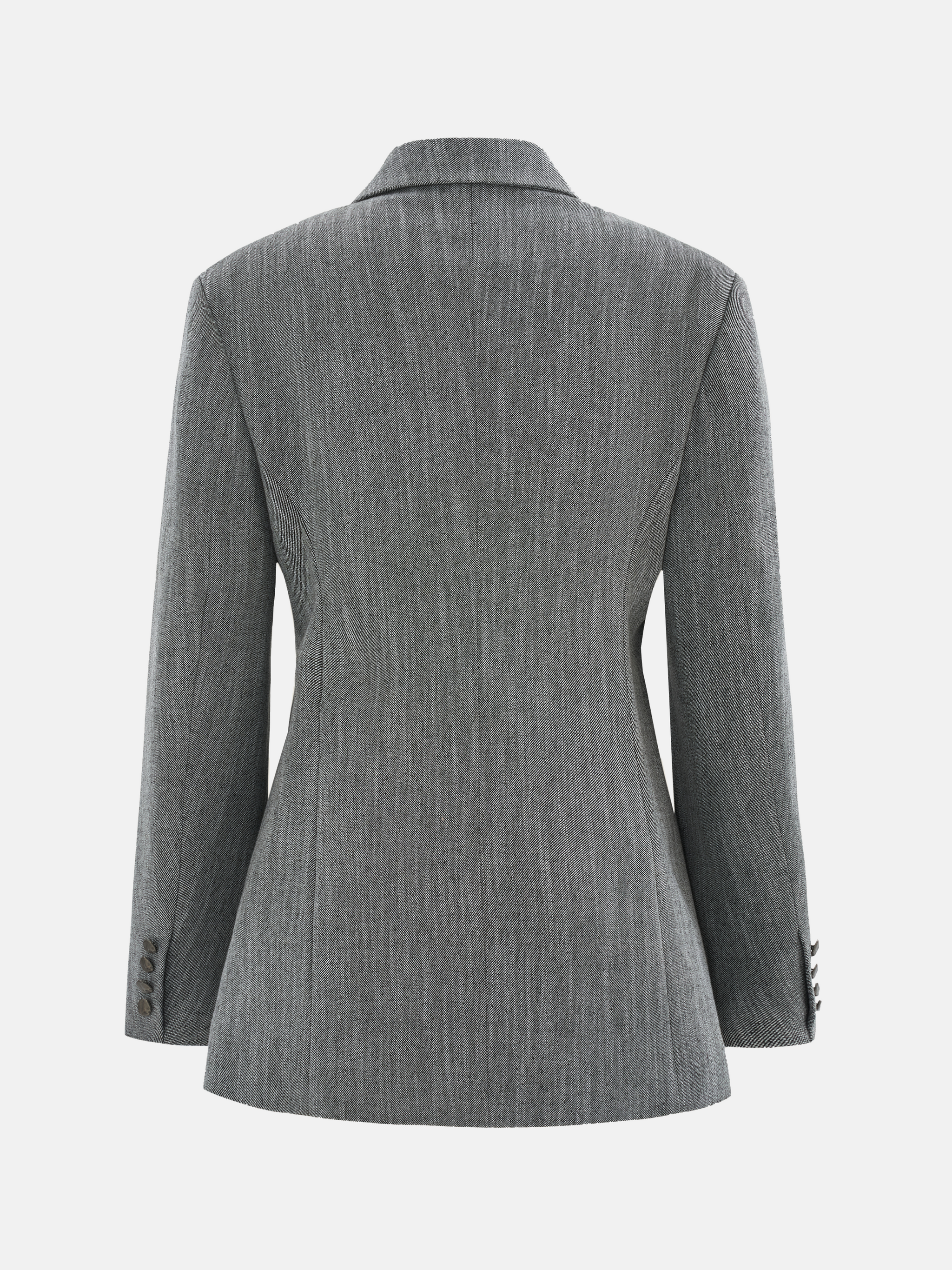SELVANE Diagonal-Closure Asymmetric Collar Blazer in quiet grey. Sharp shoulders, diagonal closure, and asymmetric collar define its long, clean silhouette.