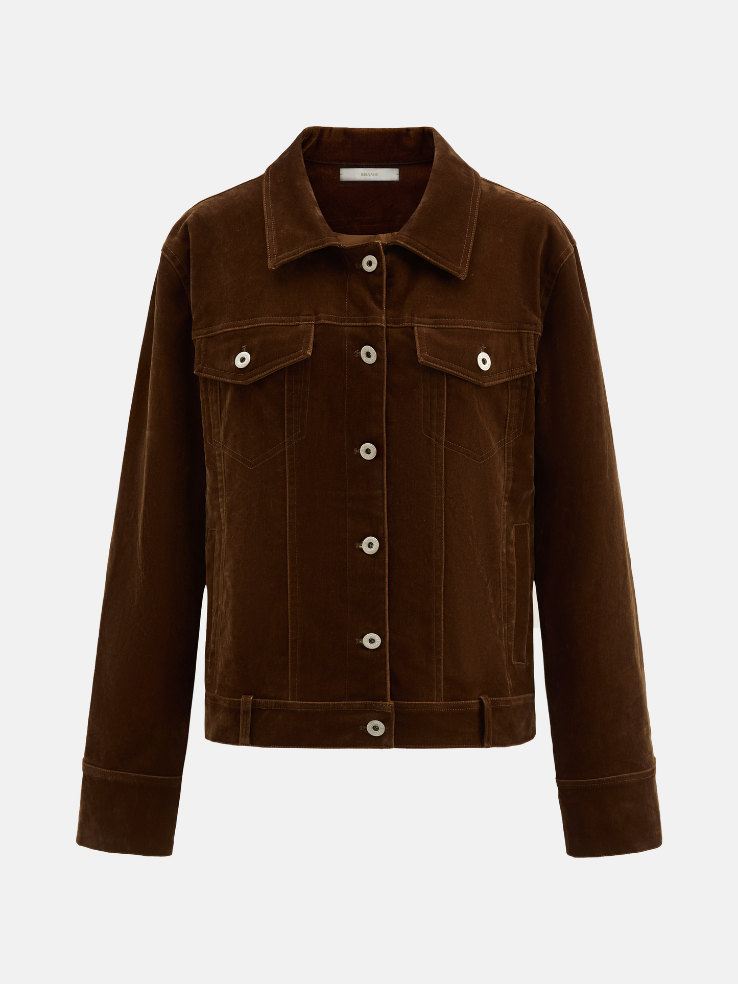 SELVANE Chesnut Shirt Jacket, a cropped suede outerwear piece with clean geometry and a calm, waist-length proportion.
