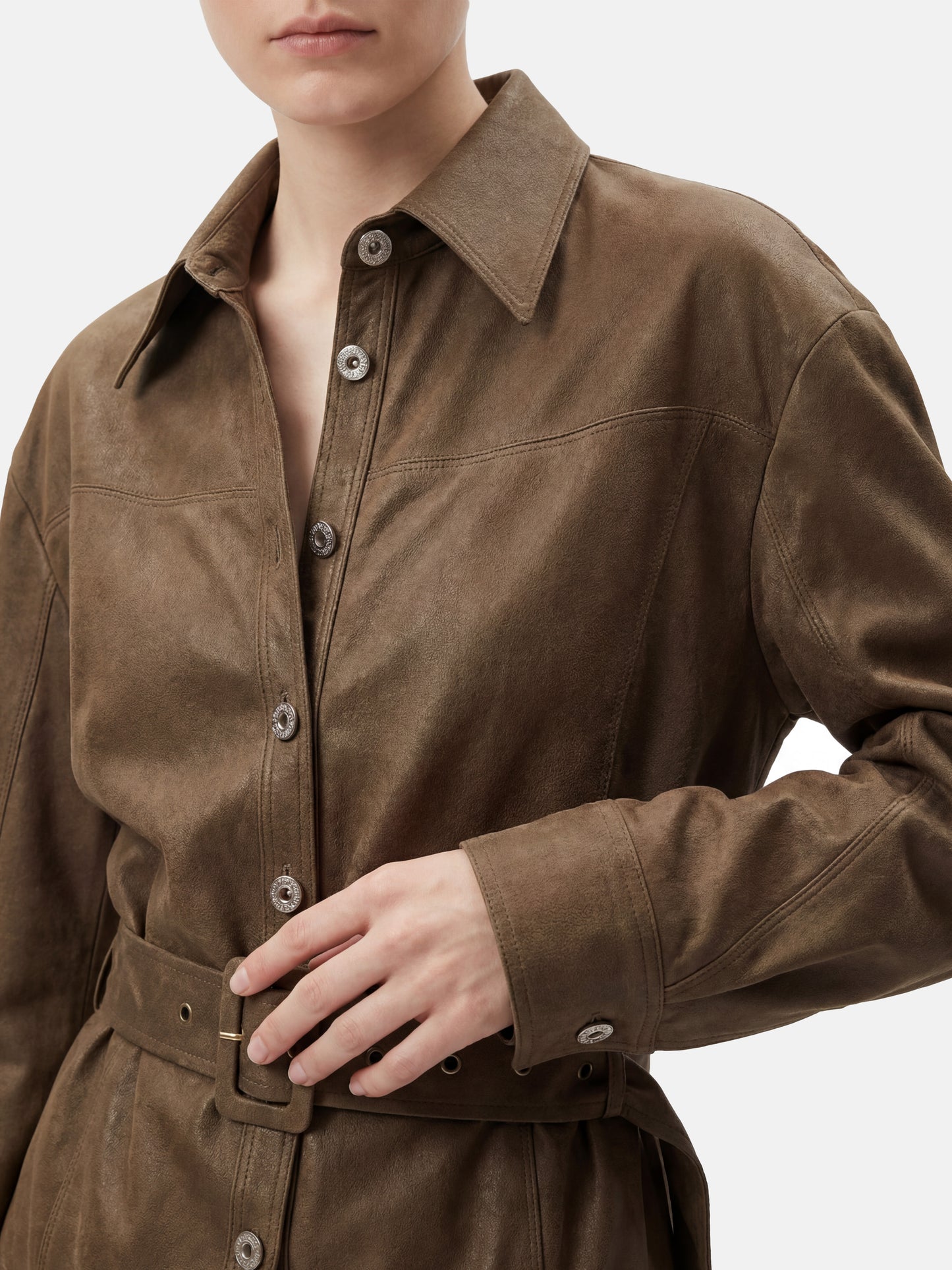 SELVANE Khaki Belted Shirt Jacket, relaxed fit, soft suede-like fabric, with extended cuffs and a defining waist belt.