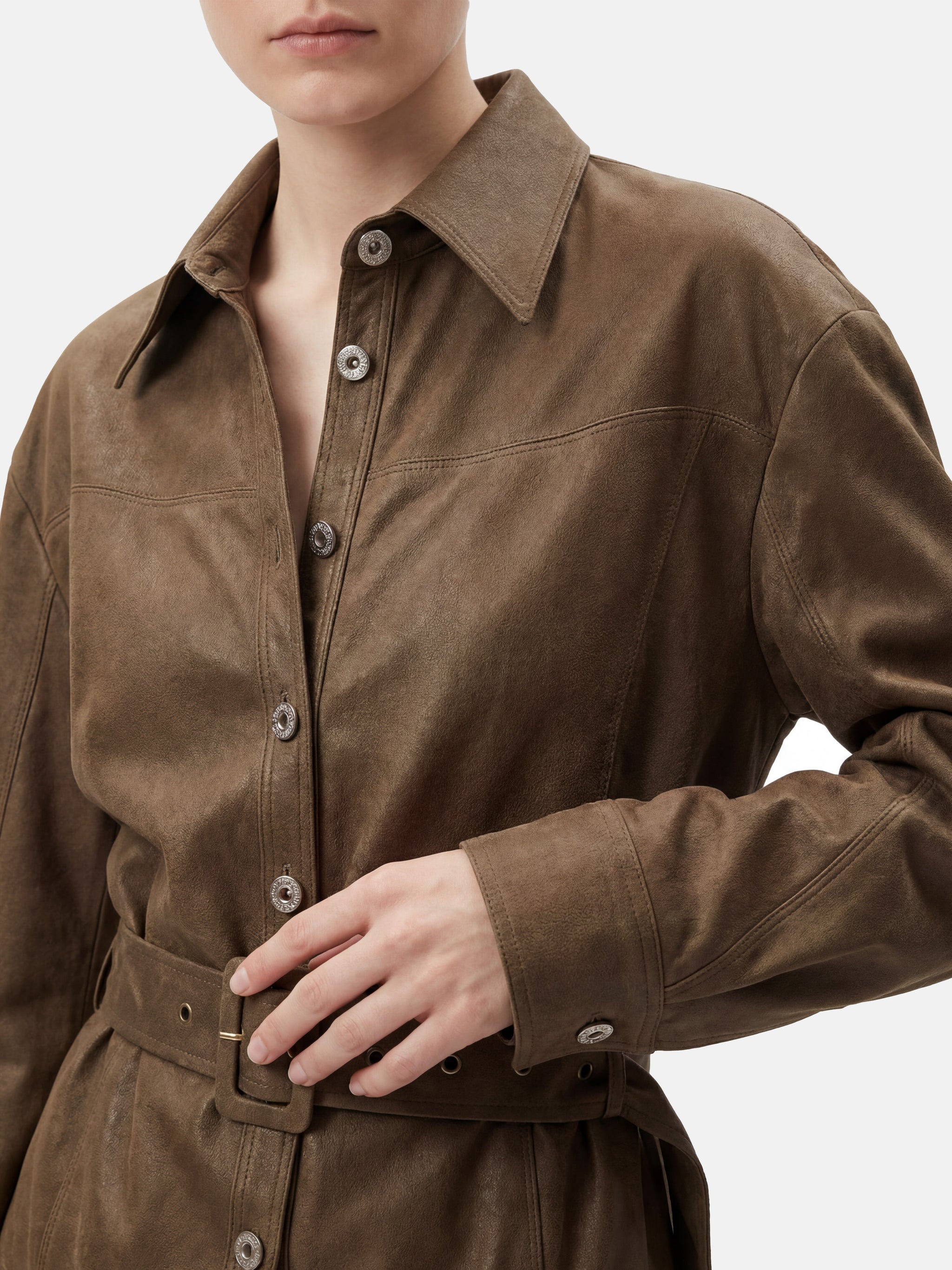 SELVANE Khaki Belted Shirt Jacket, relaxed fit, soft suede-like fabric, with extended cuffs and a defining waist belt.