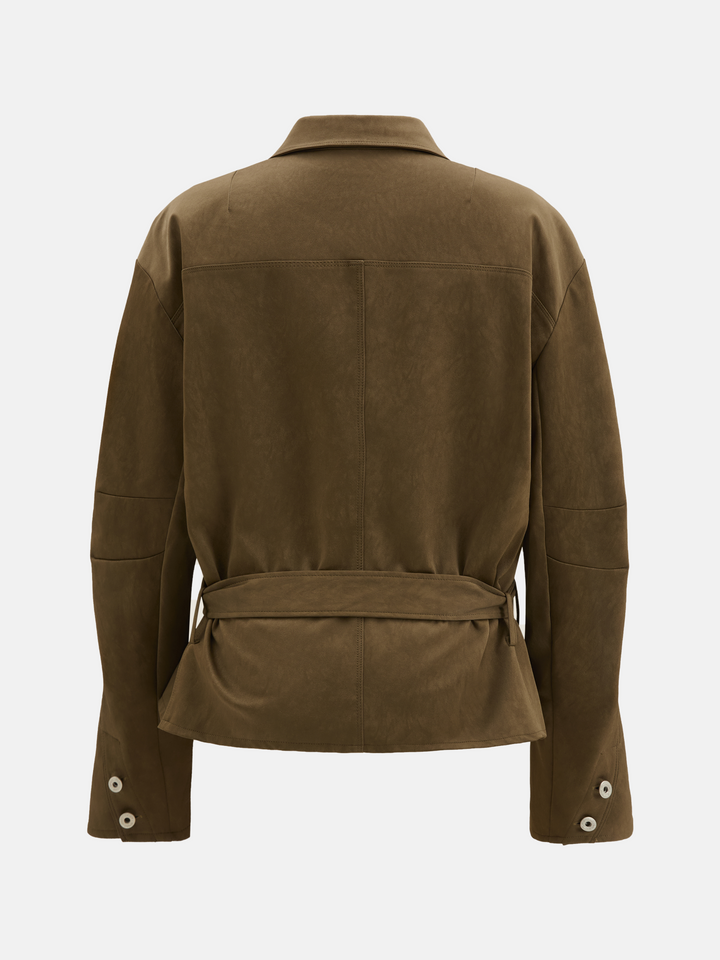 SELVANE Khaki Belted Shirt Jacket, relaxed fit, soft suede-like fabric, with extended cuffs and a defining waist belt.