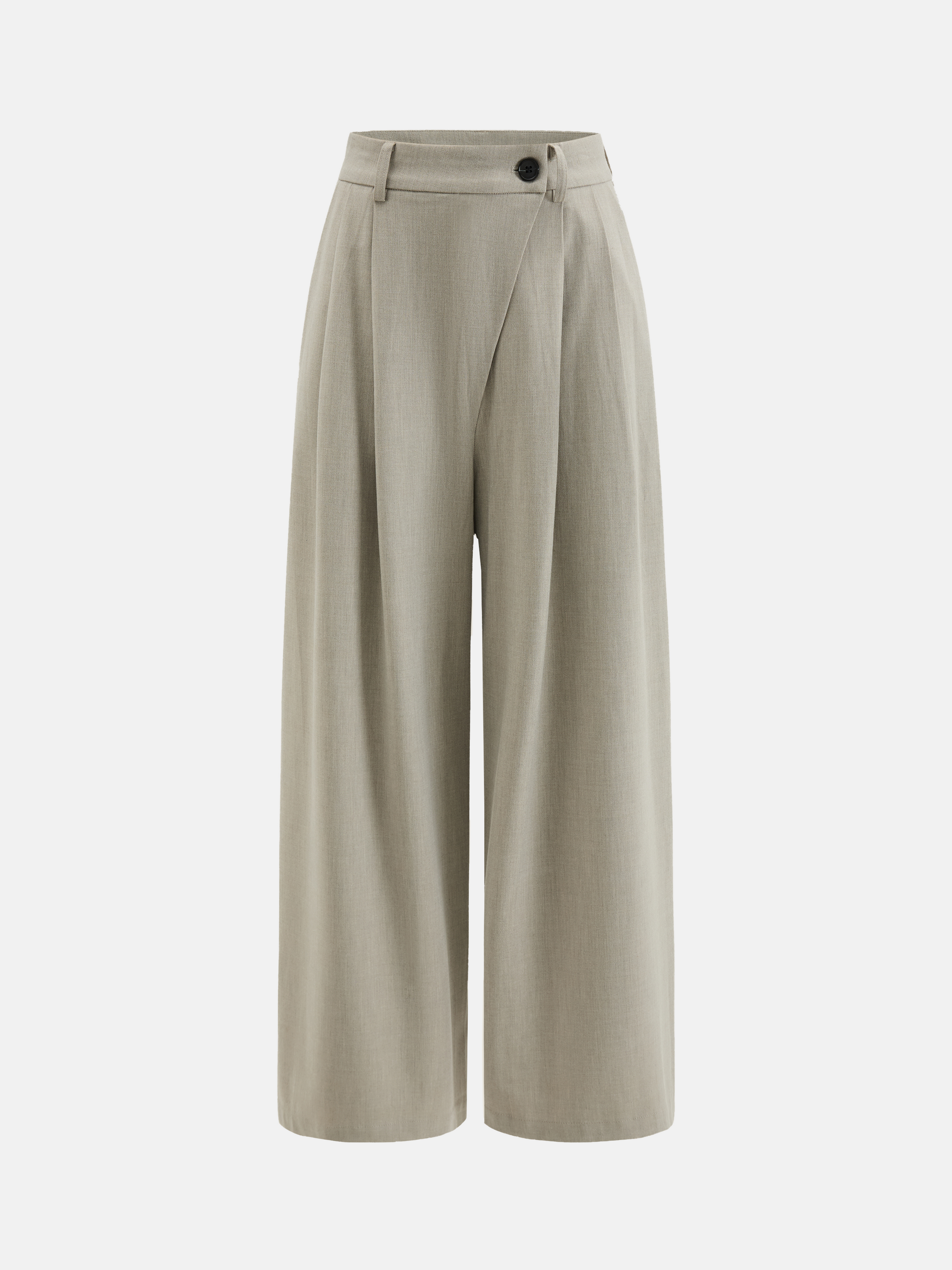 Cropped wide-leg trousers in quiet khaki, featuring deep pleats and an asymmetric front, embodying architectural form and fluid motion.