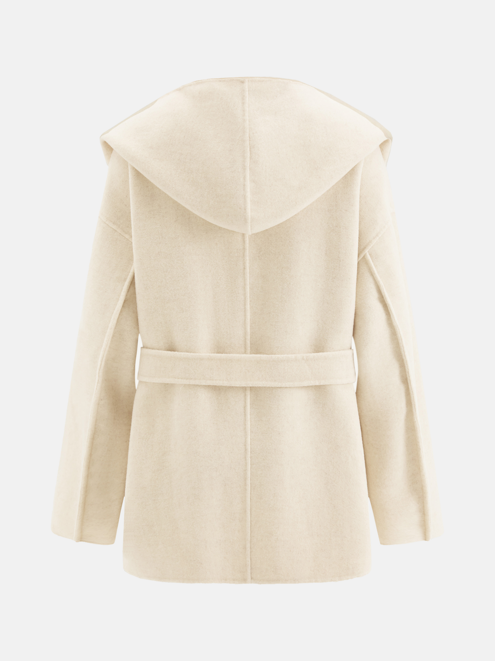 Full-length image of a cream wool belted overcoat with sculpted collar, self-tie belt, and oversized patch pockets, draped elegantly.